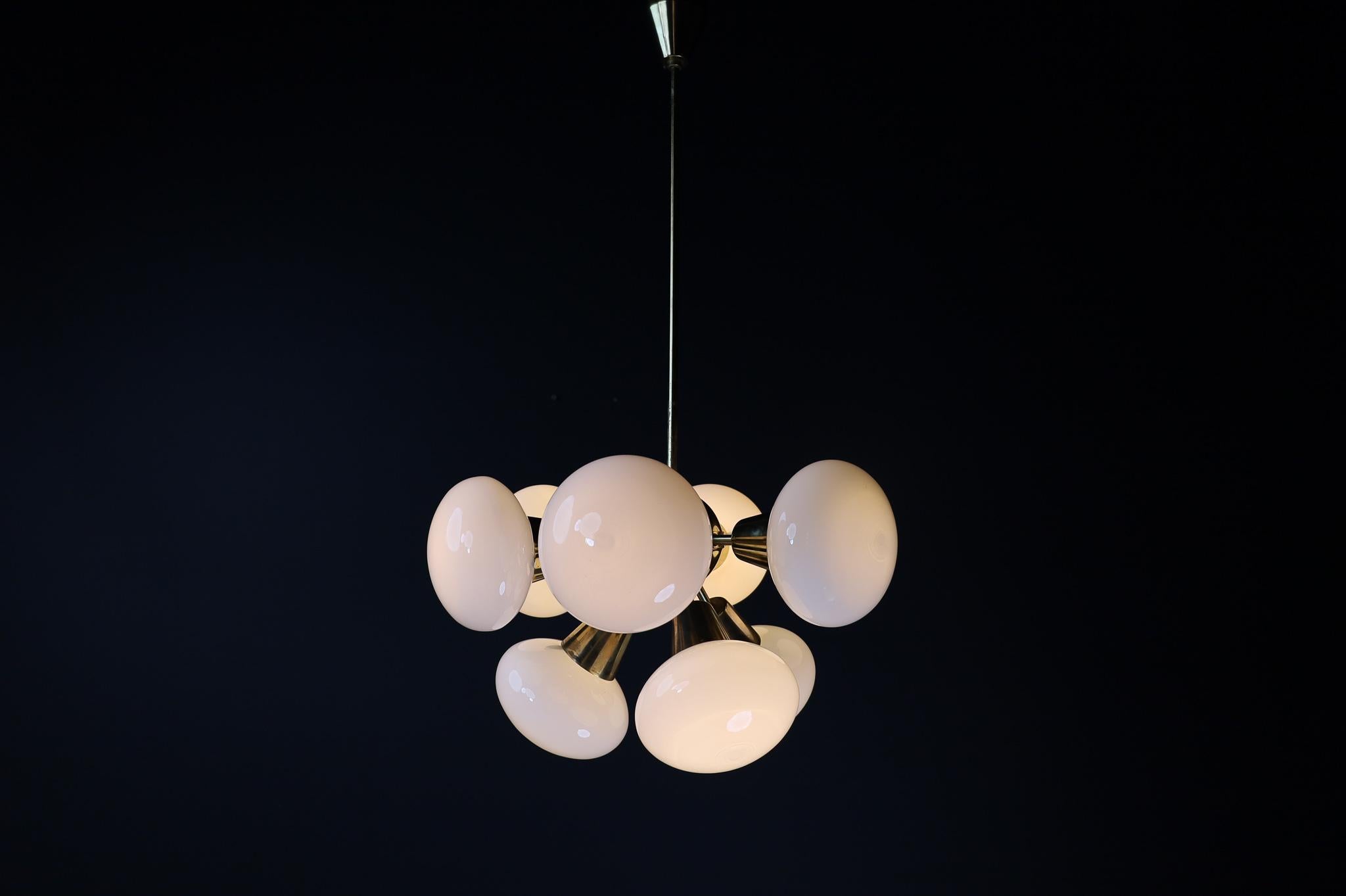 Large set Sputnik Chandeliers in Brass and Opaline Glass Spheres, Europe 1970s In Good Condition For Sale In Almelo, NL