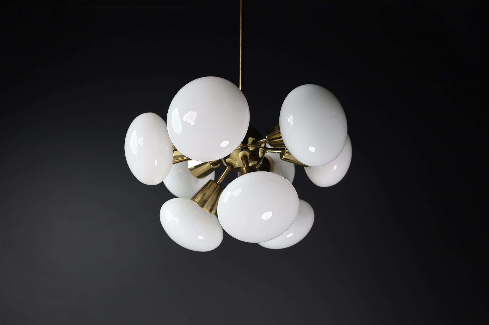 20th Century Large set Sputnik Chandeliers in Brass and Opaline Glass Spheres, Europe 1970s For Sale