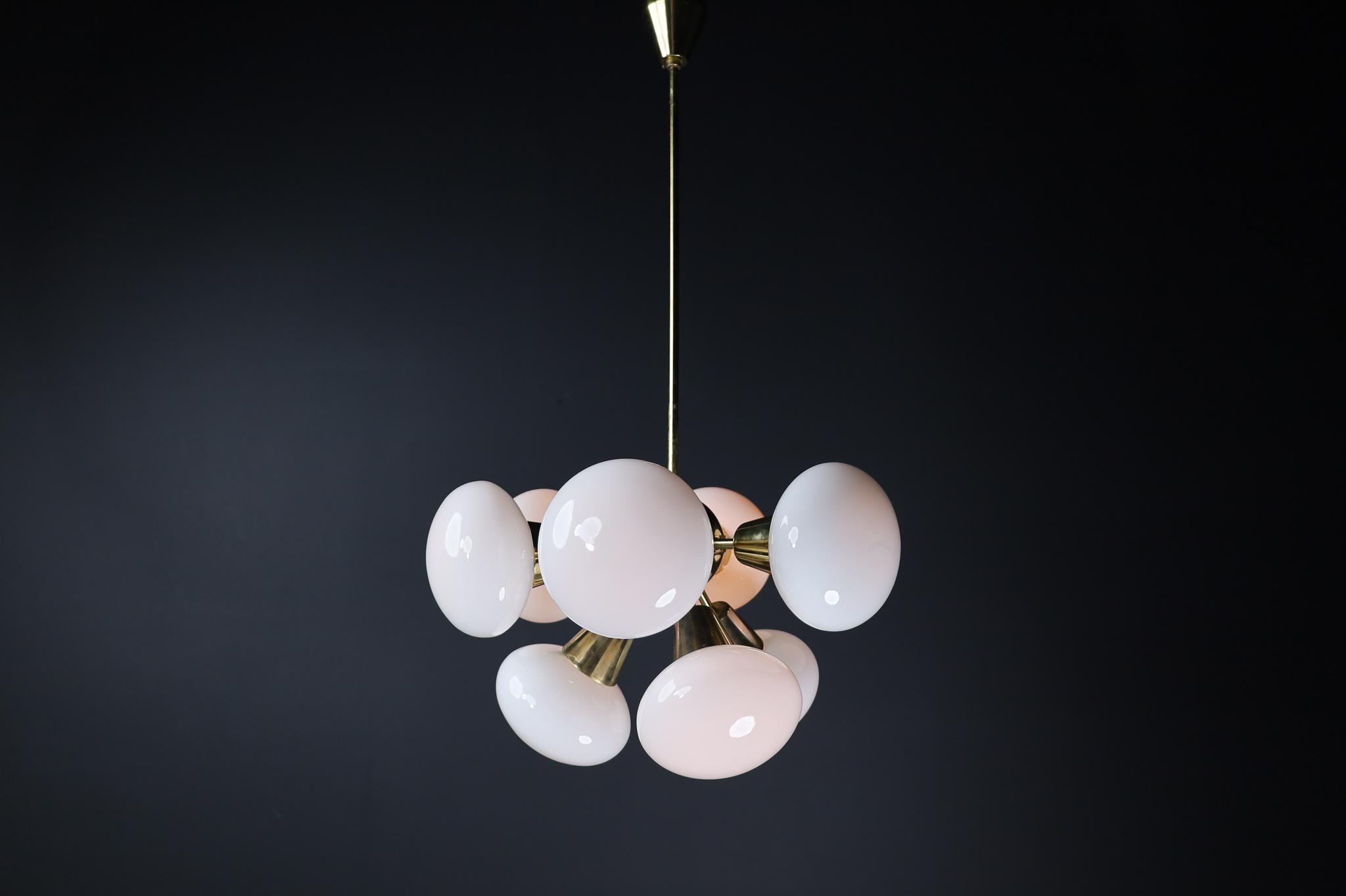 Large set Sputnik Chandeliers in Brass and Opaline Glass Spheres, Europe 1970s For Sale 1