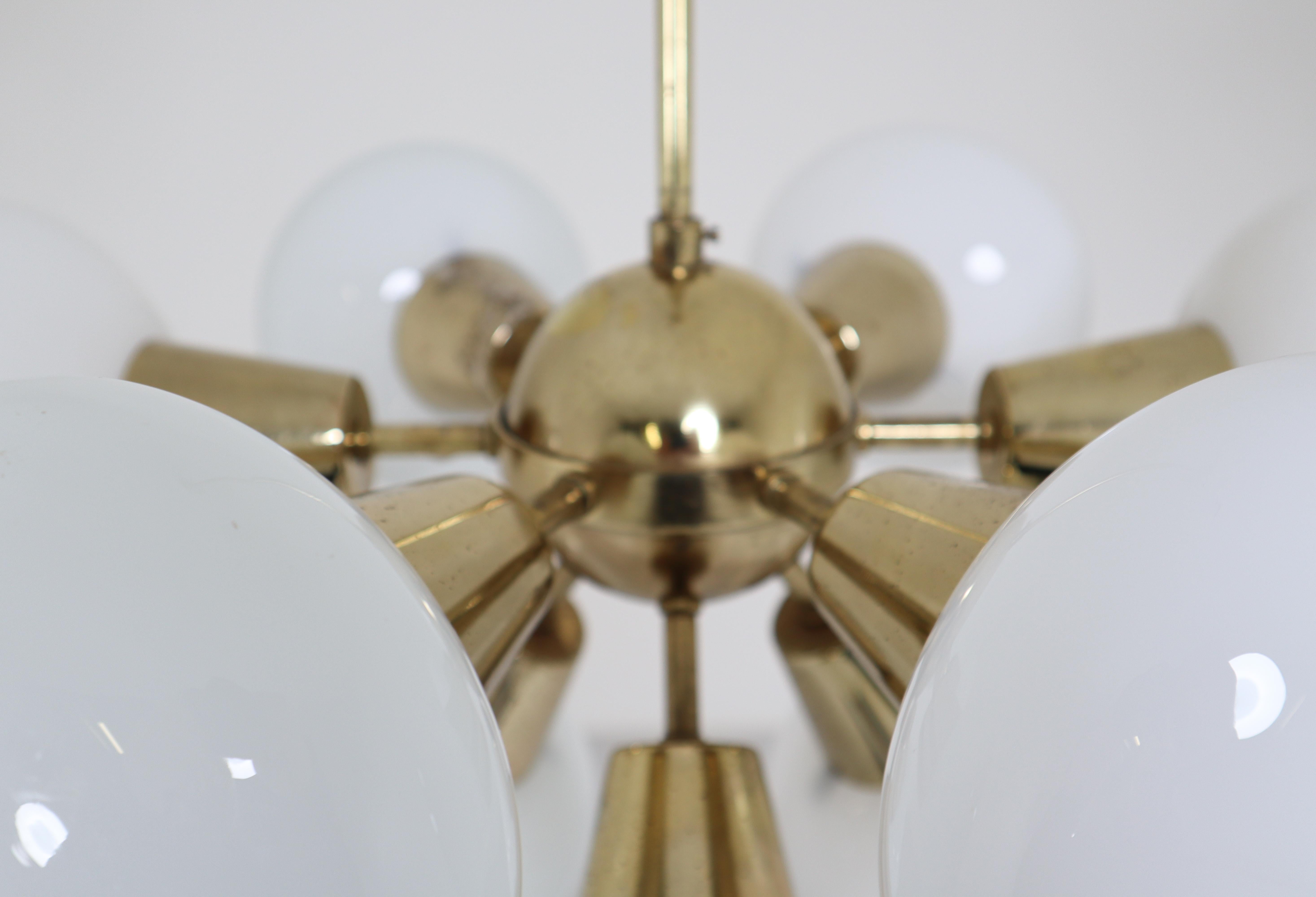 Mid-Century Modern Midcentury Sputnik Chandeliers in Brass and Opaline Glass Spheres, Europe, 1970s