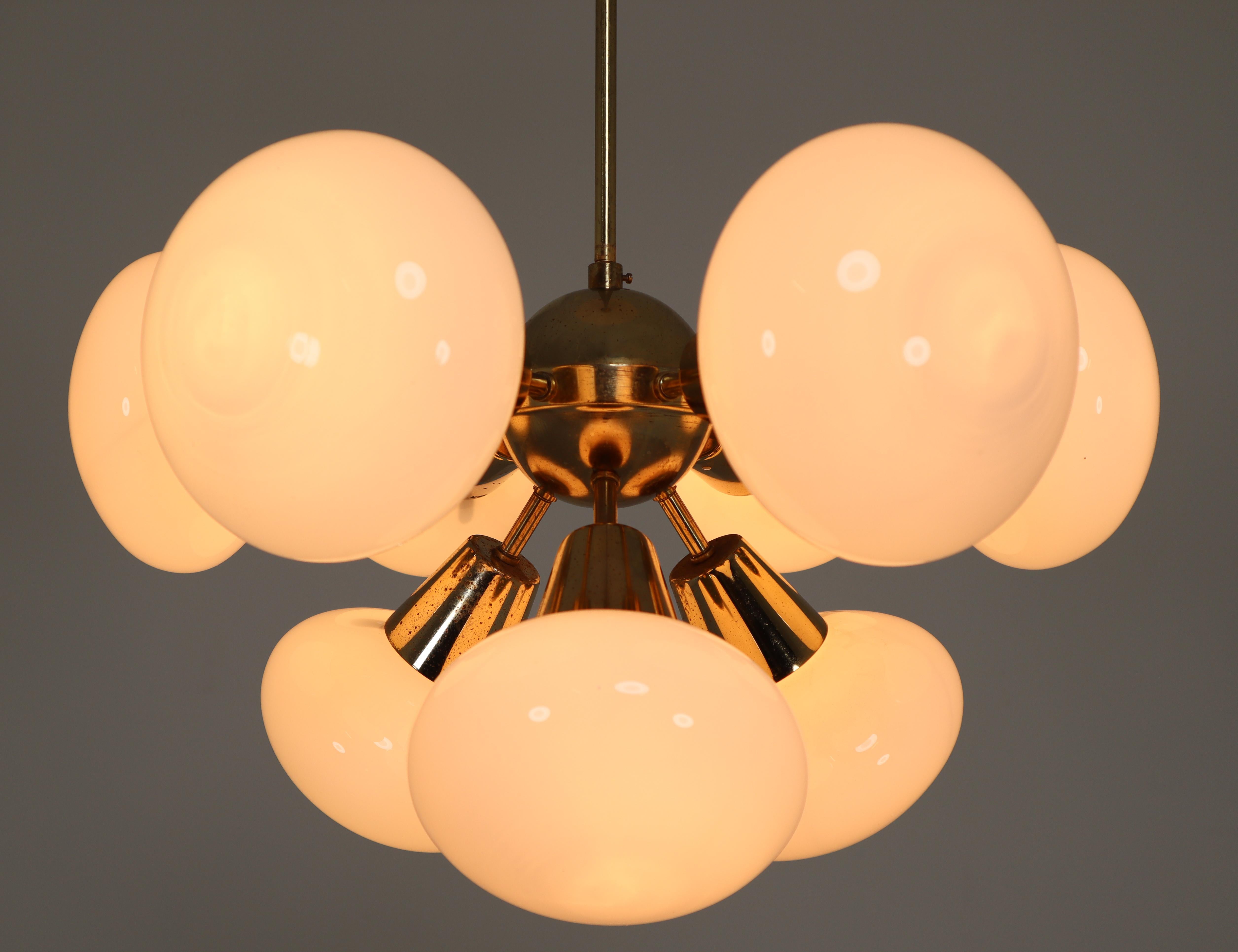 Czech Midcentury Sputnik Chandeliers in Brass and Opaline Glass Spheres, Europe, 1970s