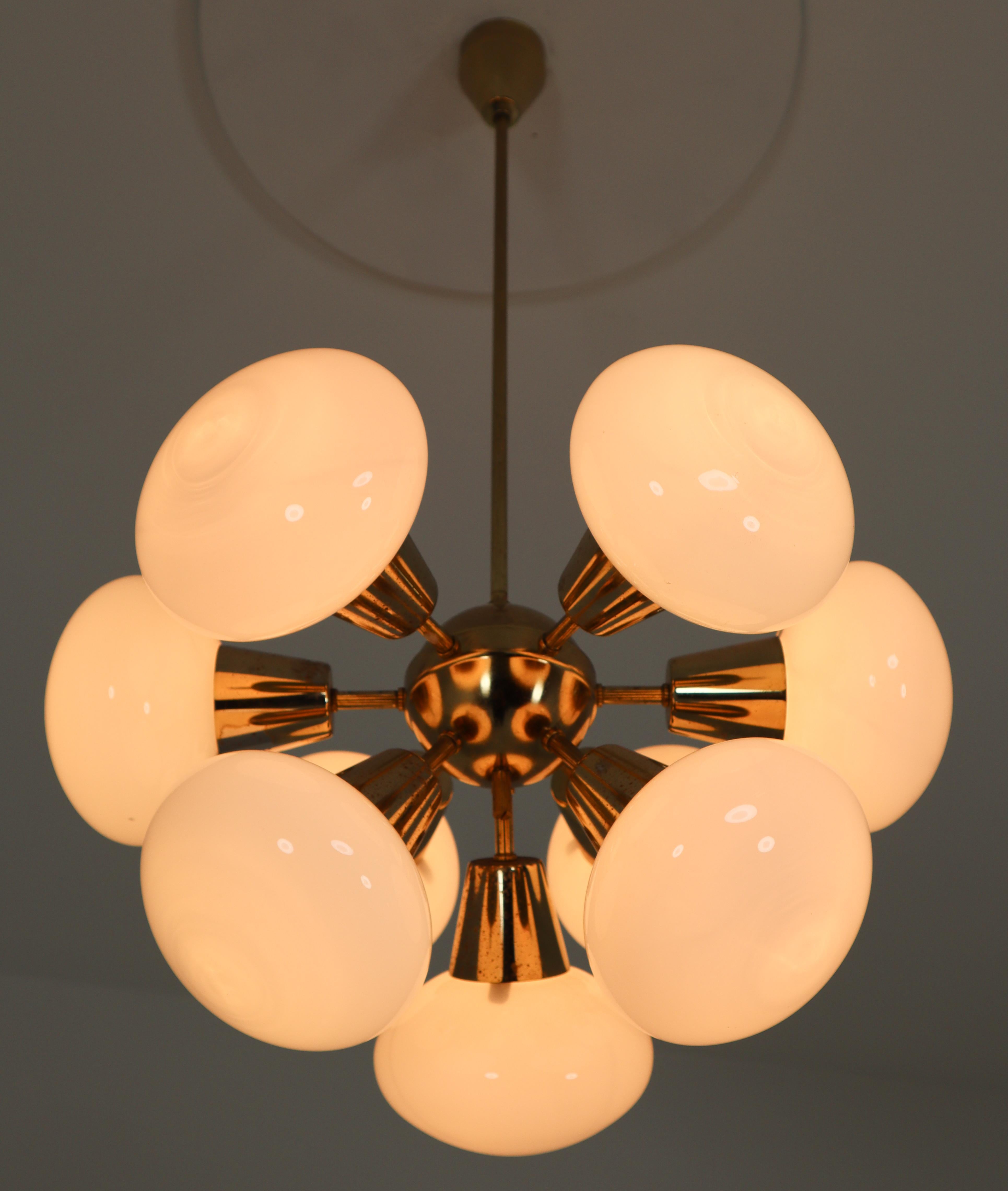 Midcentury Sputnik Chandeliers in Brass and Opaline Glass Spheres, Europe, 1970s In Good Condition In Almelo, NL