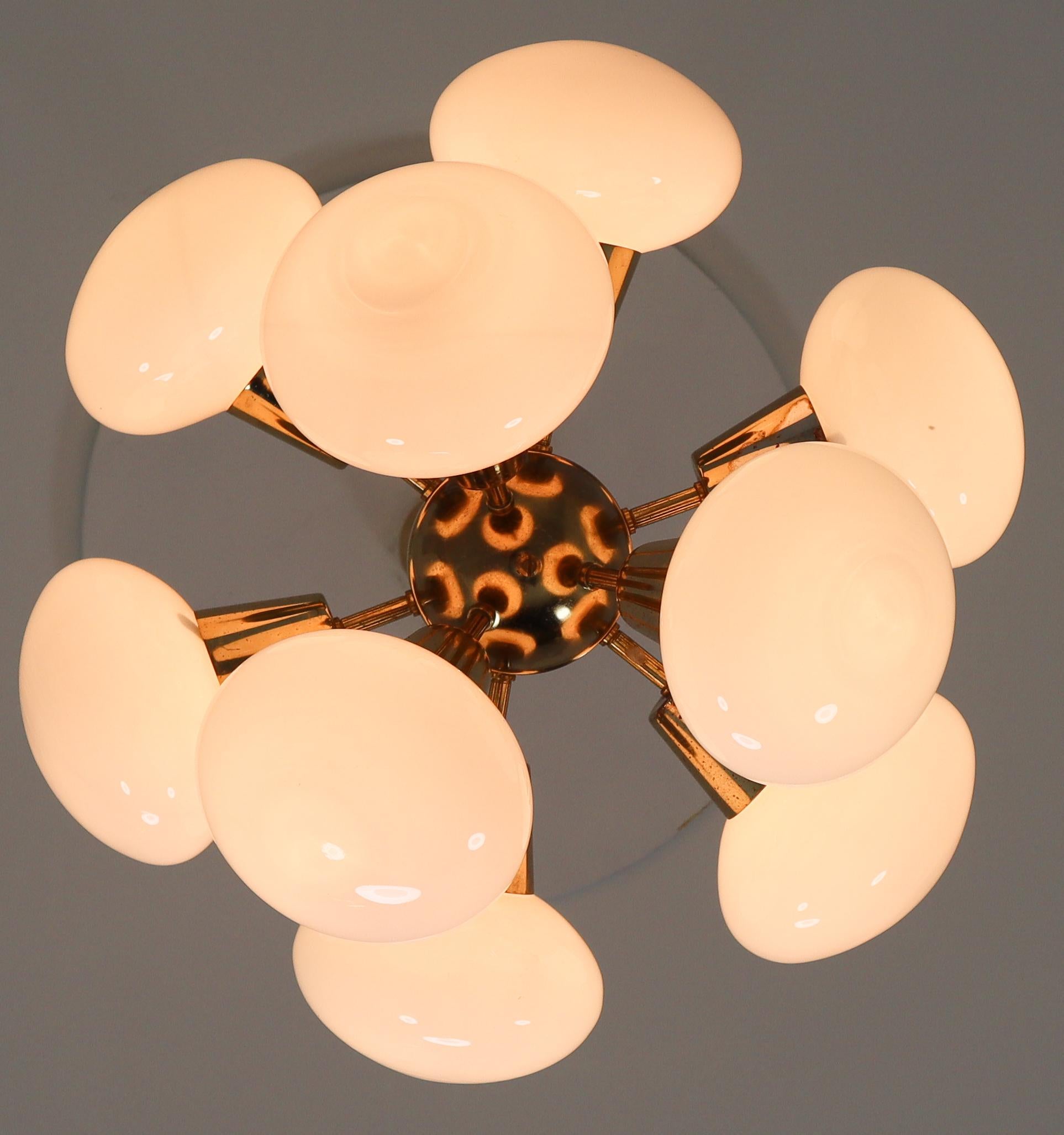 20th Century Midcentury Sputnik Chandeliers in Brass and Opaline Glass Spheres, Europe, 1970s