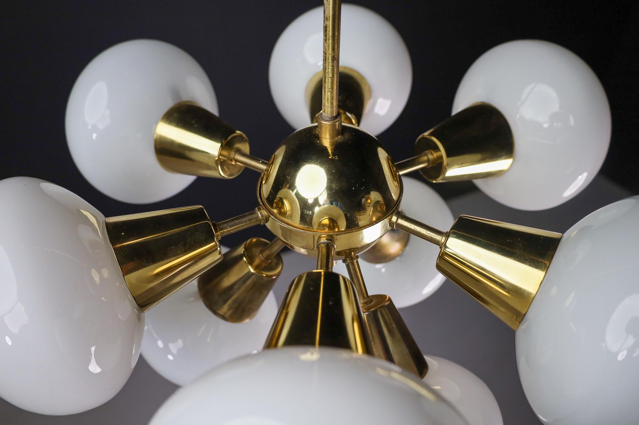 Large set Sputnik Chandeliers in Brass and Opaline Glass Spheres, Europe 1970s For Sale 2