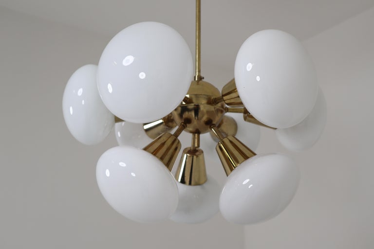 Midcentury Sputnik Chandeliers in Brass and Opaline Glass Spheres, Europe,  1970s For Sale at 1stDibs