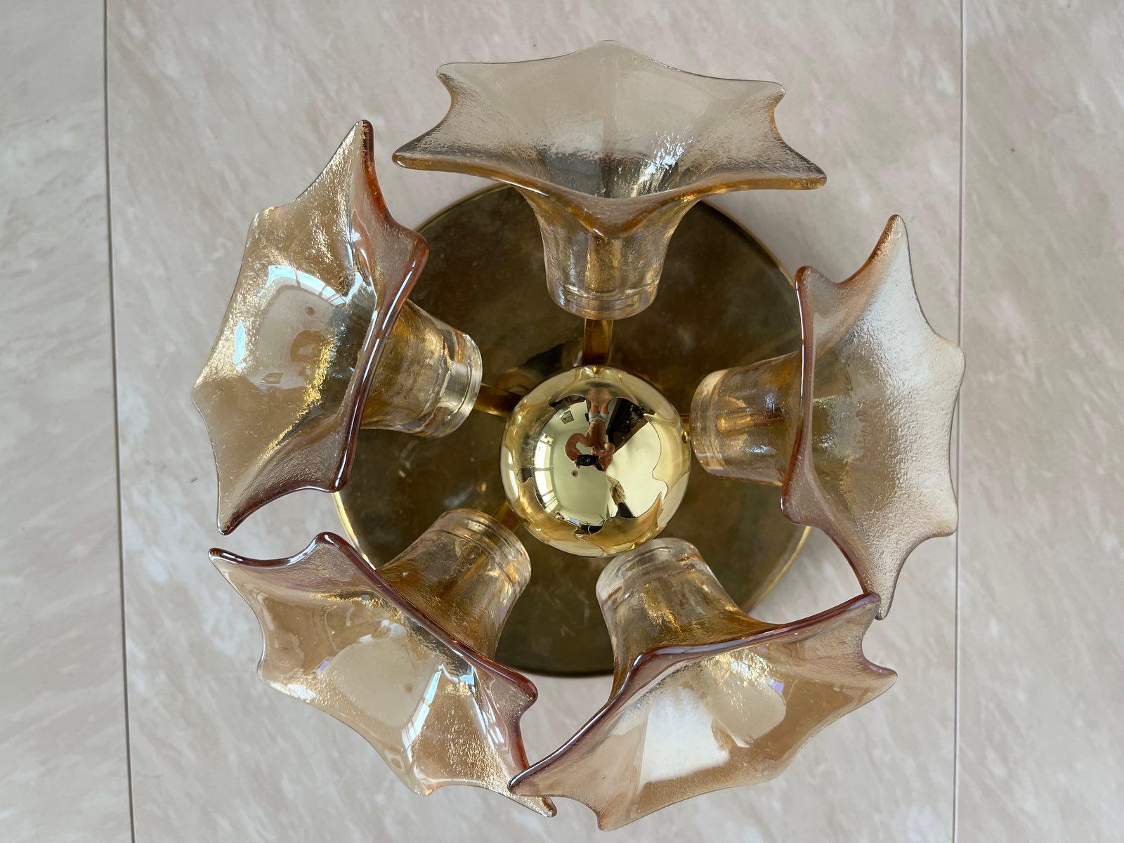 German MidCentury Sputnik Flower Ceiling Flush Mount, Amber Murano Glass, Sische, 1960s For Sale
