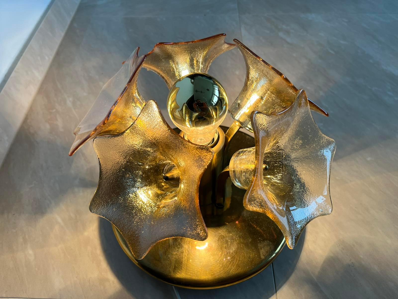 MidCentury Sputnik Flower Ceiling Flush Mount, Amber Murano Glass, Sische, 1960s For Sale 1
