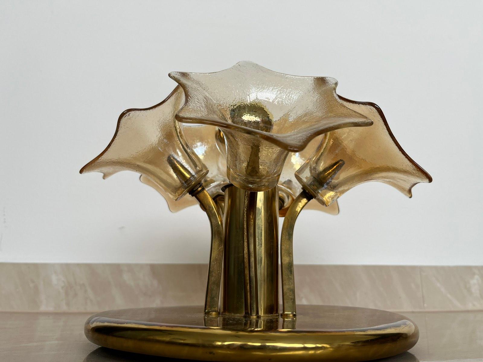 Plafonnier encastré à fleur Spoutnik du milieu du siècle dernier, verre de Murano ambré, Sische, années 1960 en vente 2