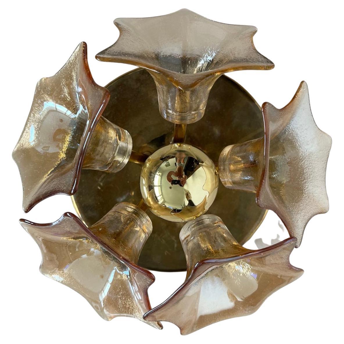 MidCentury Sputnik Flower Ceiling Flush Mount, Amber Murano Glass, Sische, 1960s For Sale