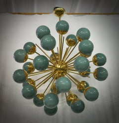 Midcentury Sputnik Spherical Green Glass and Brass Chandelier, 2000