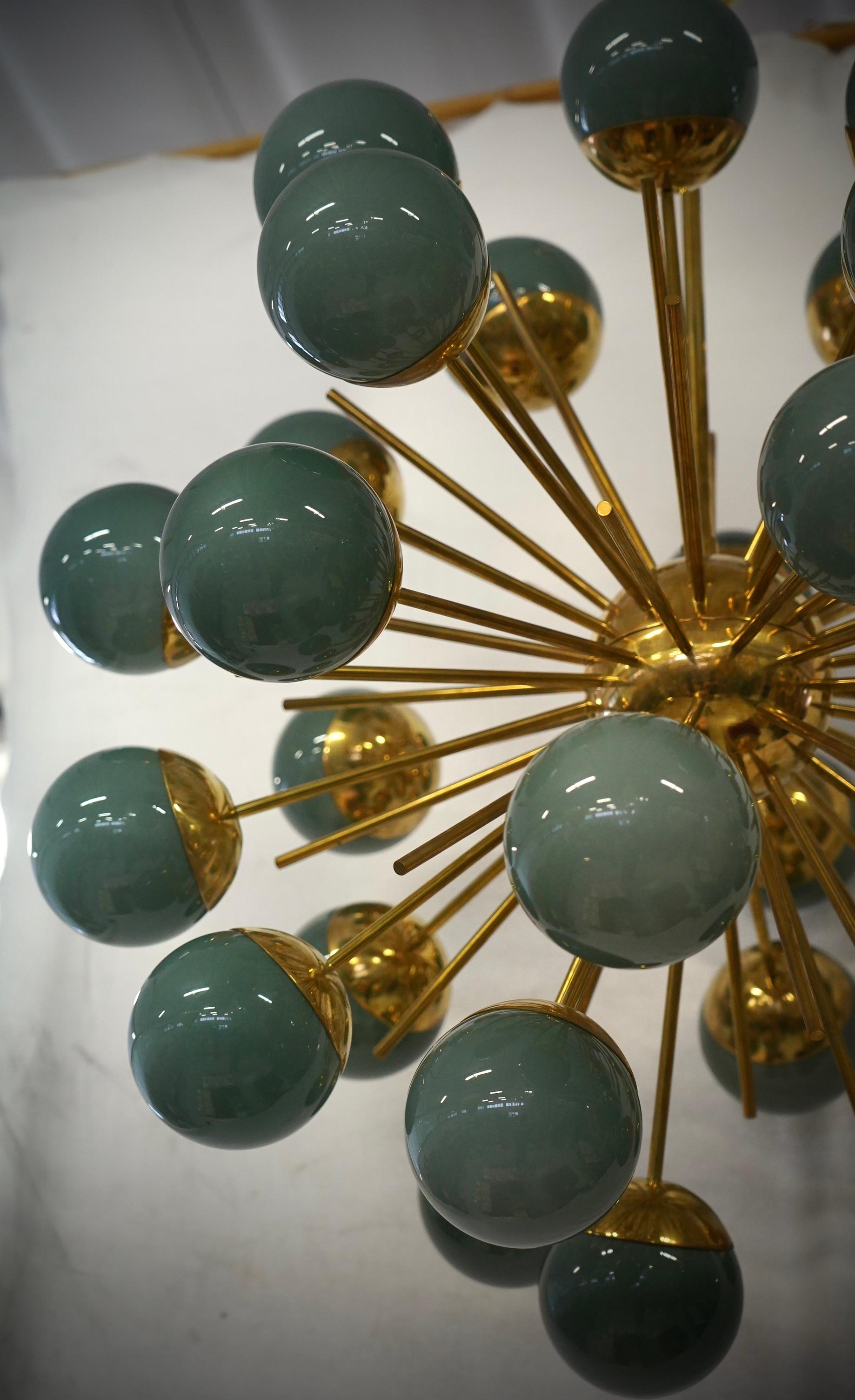 Mid-Century Modern Midcentury Sputnik Spherical Green Glass and Brass Chandelier, 2000 For Sale