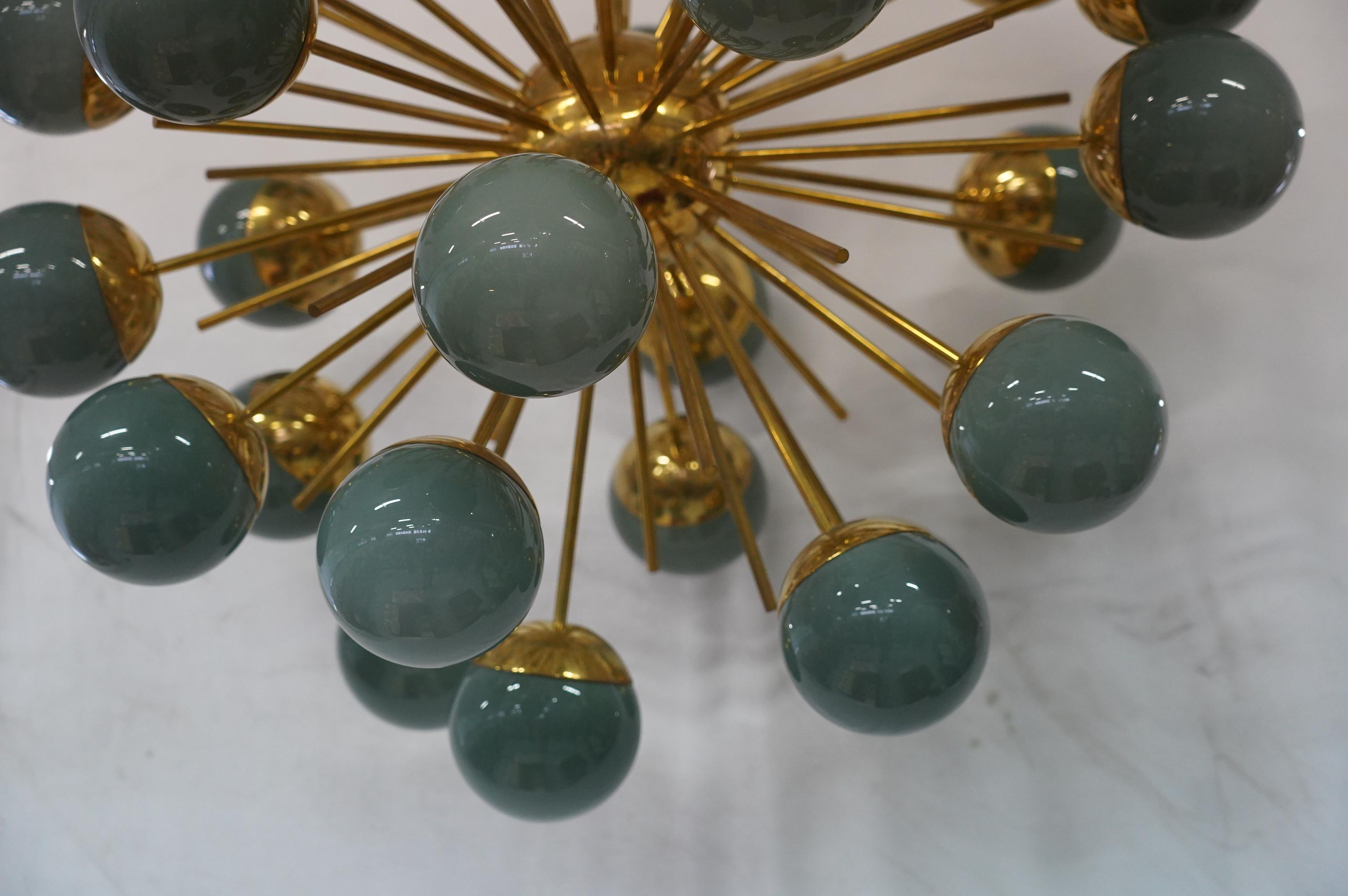 Contemporary Midcentury Sputnik Spherical Green Glass and Brass Chandelier, 2000 For Sale