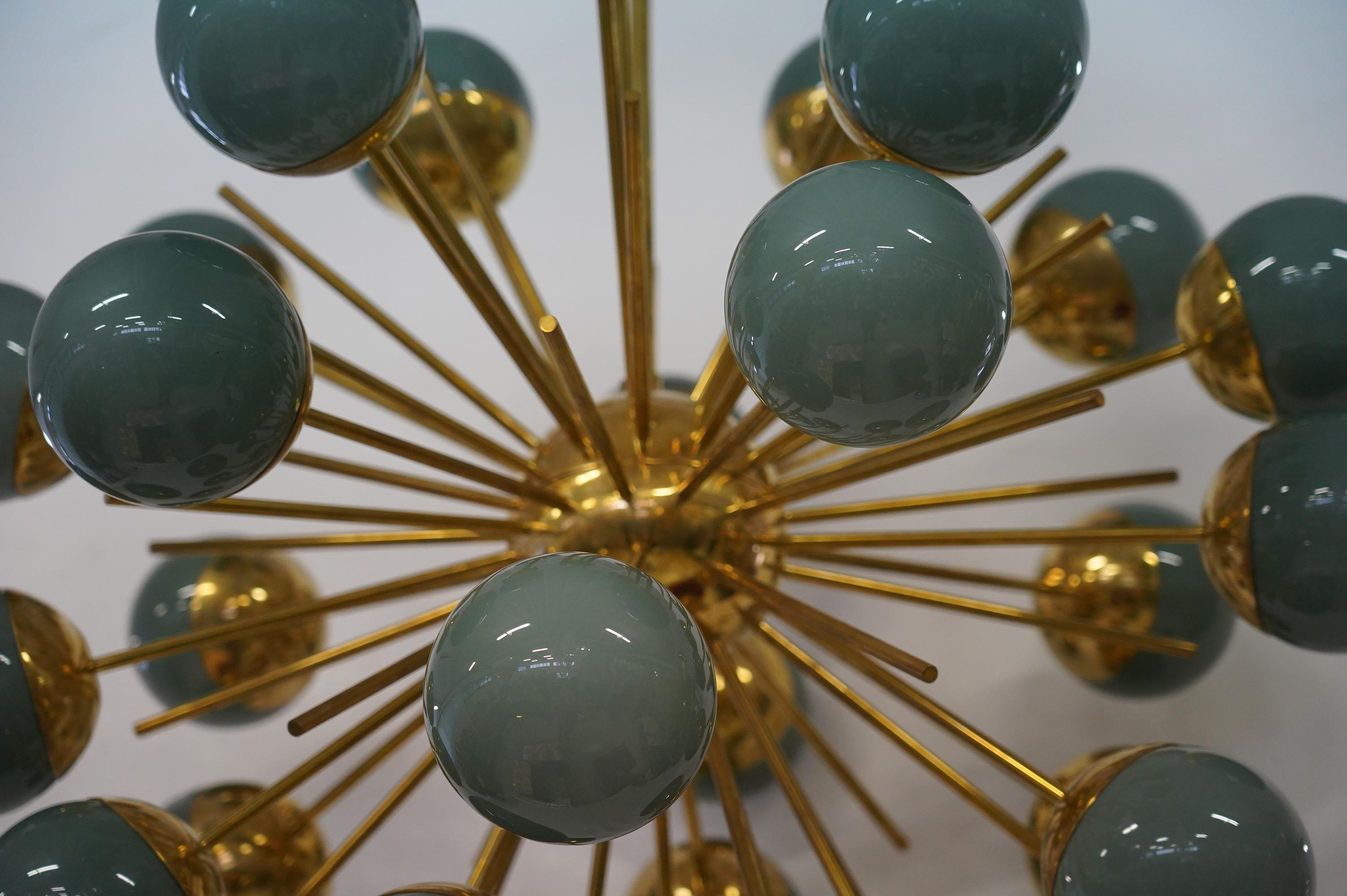 Midcentury Sputnik Spherical Green Glass and Brass Chandelier, 2000 For Sale 1