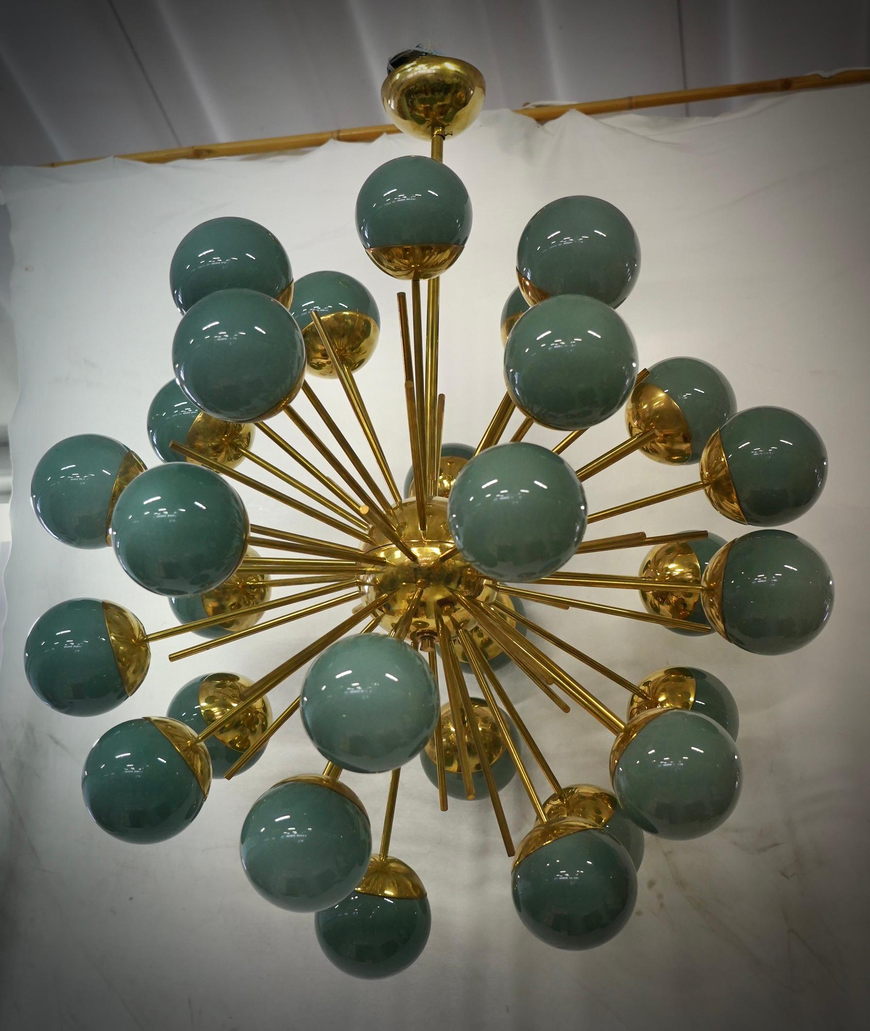Midcentury Sputnik Spherical Green Glass and Brass Chandelier, 2000 For Sale 2