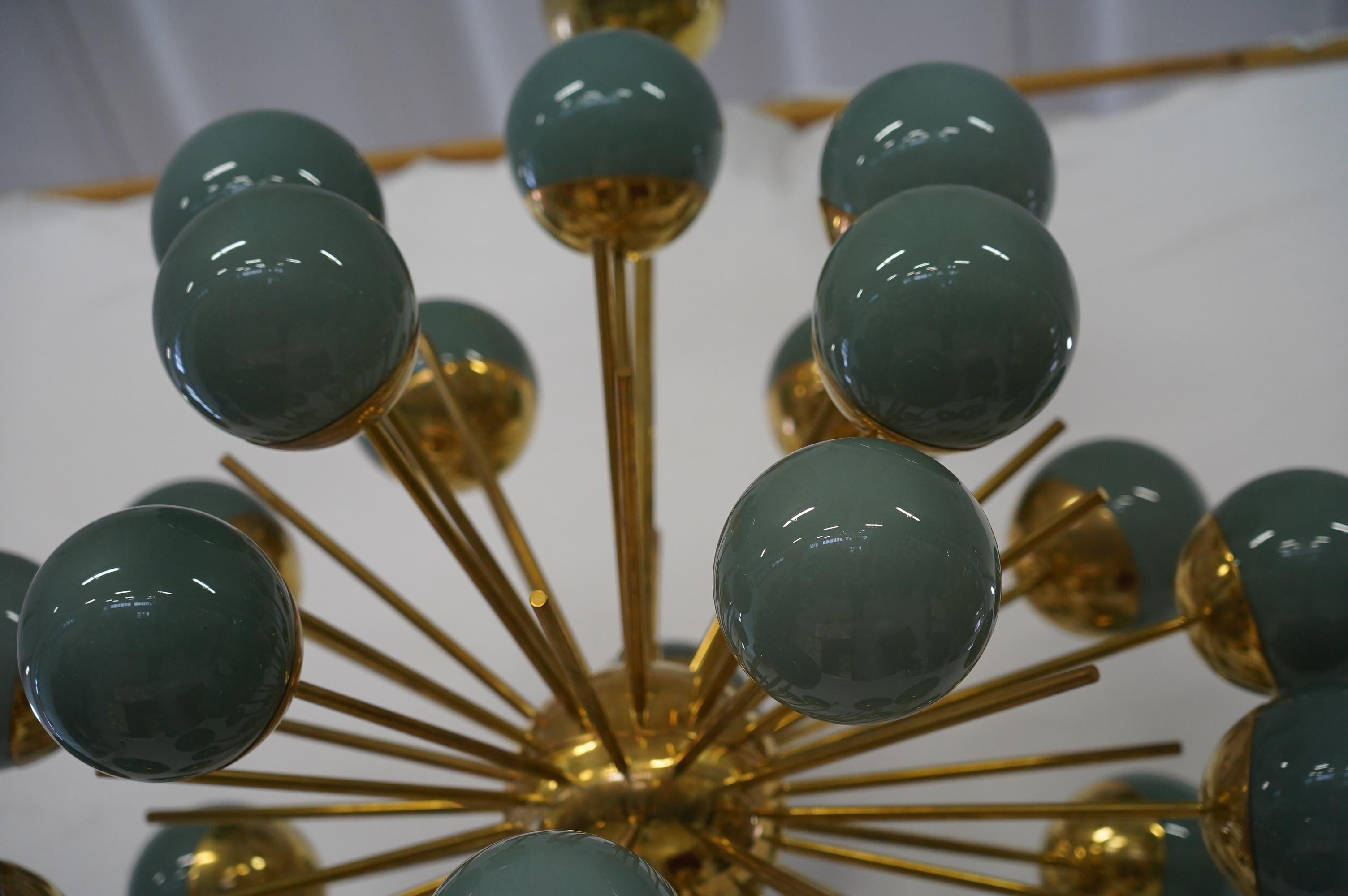 Midcentury Sputnik Spherical Green Glass and Brass Chandelier, 2000 For Sale 3