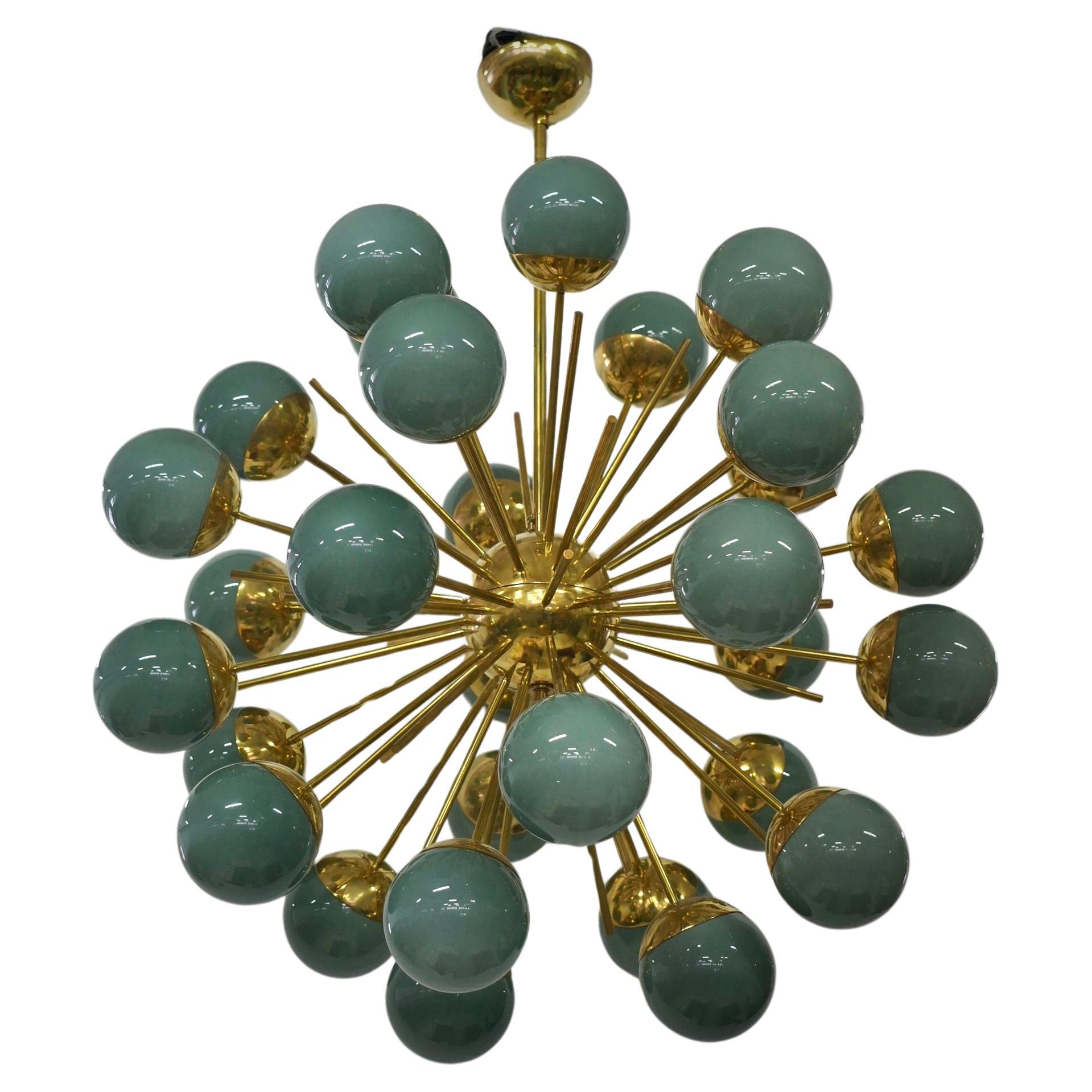 Midcentury Sputnik Spherical Green Glass and Brass Chandelier, 2000 For Sale