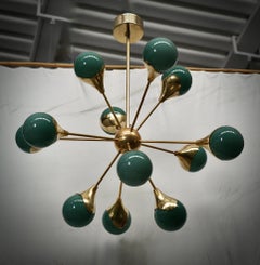 Midcentury Sputnik Spherical Green Glass and Brass Chandelier, 2020