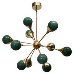 Midcentury Sputnik Spherical Green Glass and Brass Chandelier, 2020