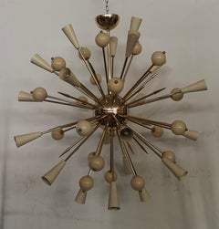 Midcentury Sputnik Spherical Ivory Glass and Brass Chandelier, 1970