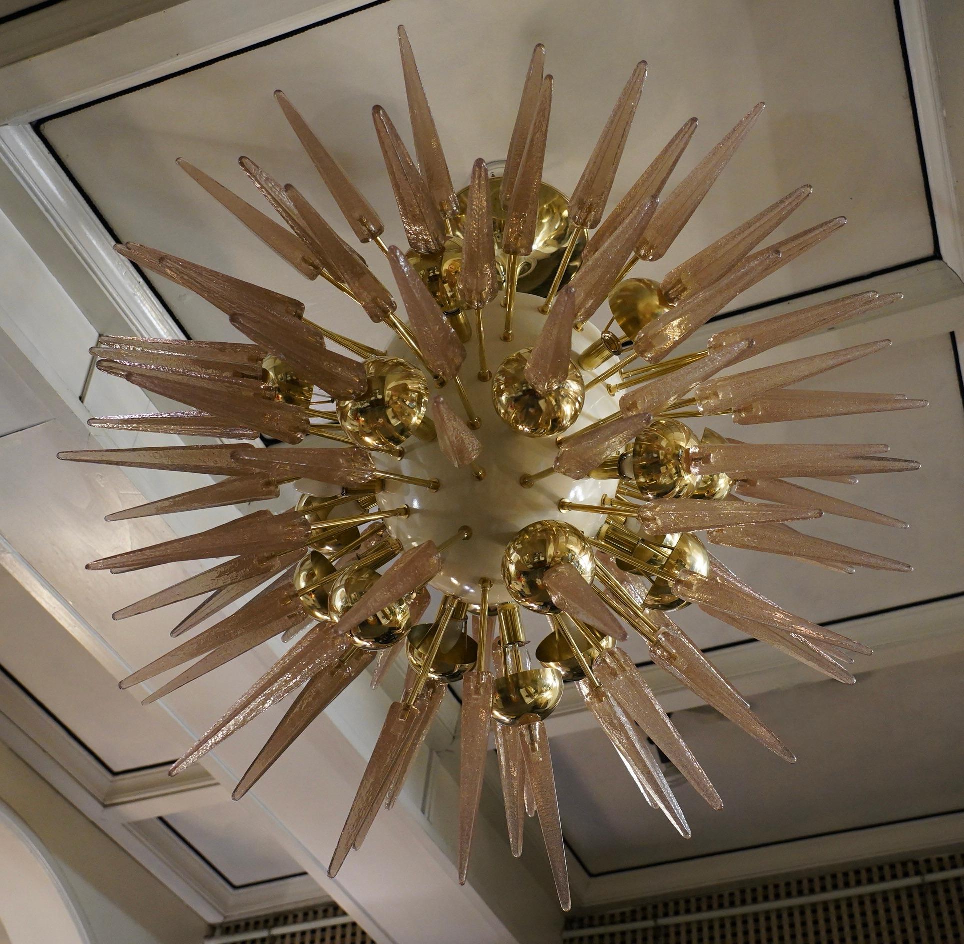 Midcentury Sputnik Spherical Pink Glass and Brass Chandelier, 1990 5