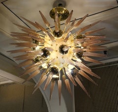 Midcentury Sputnik Spherical Pink Glass and Brass Chandelier, 1990