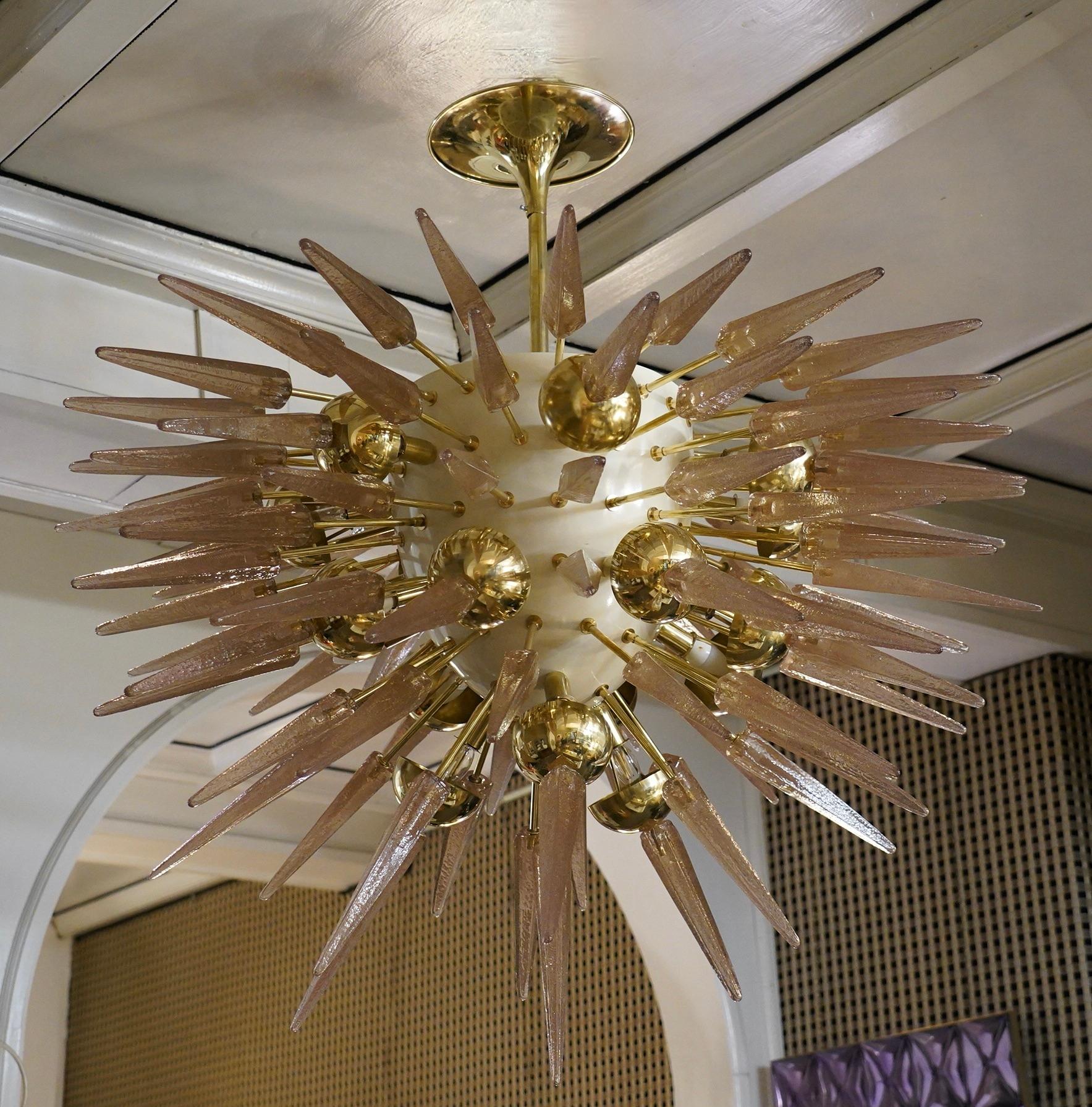 Late 20th Century Midcentury Sputnik Spherical Pink Glass and Brass Chandelier, 1990