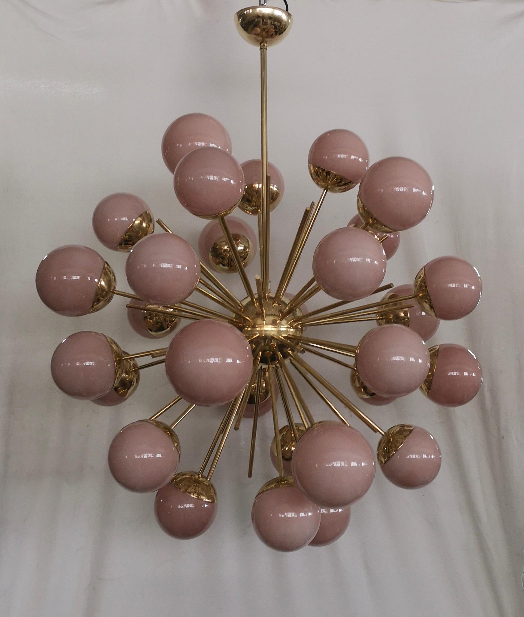 Contemporary Midcentury Sputnik Spherical Pink Glass and Brass Chandelier, 2000 For Sale