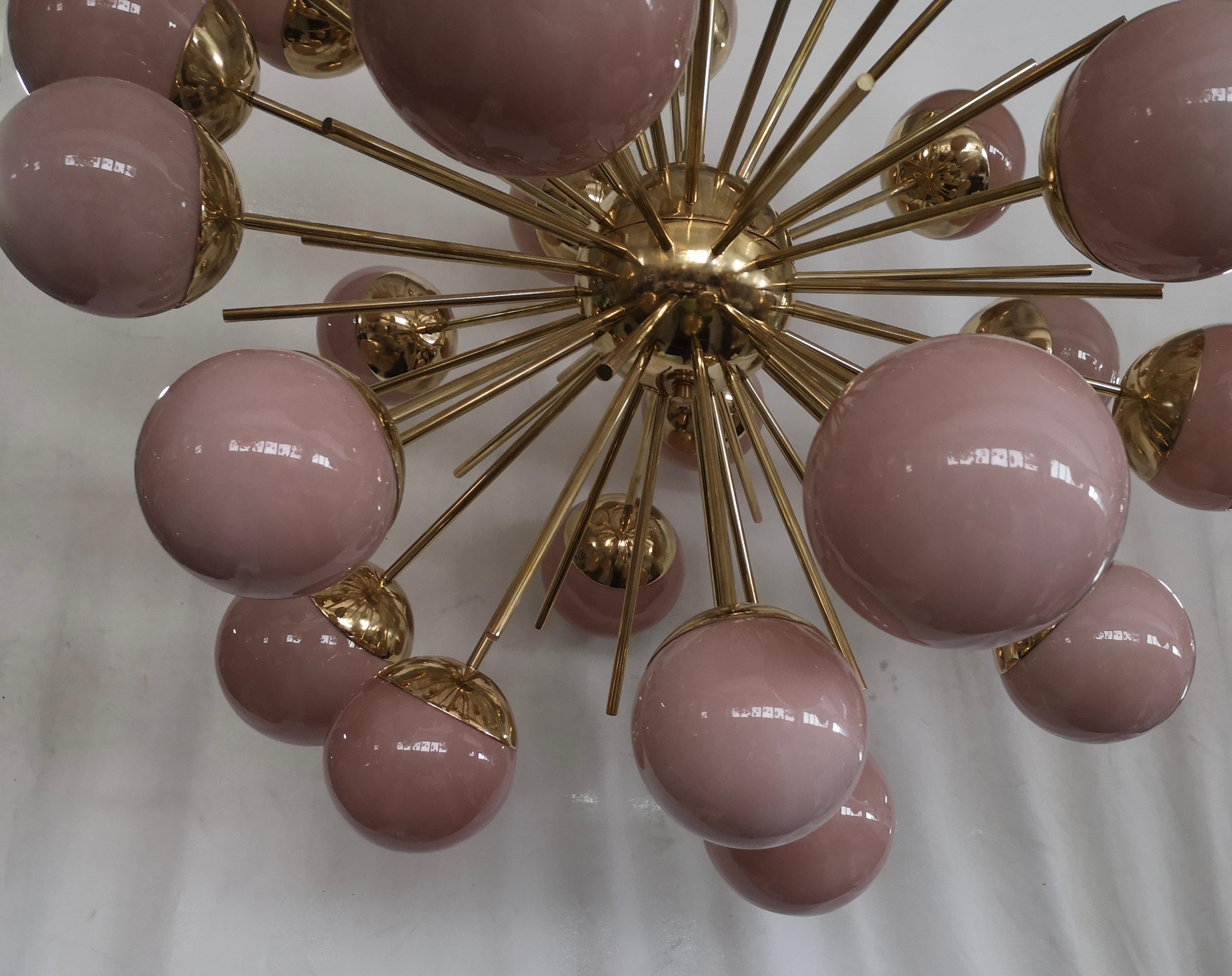 Mid-Century Modern Midcentury Sputnik Spherical Pink Glass and Brass Chandelier, 2020 For Sale