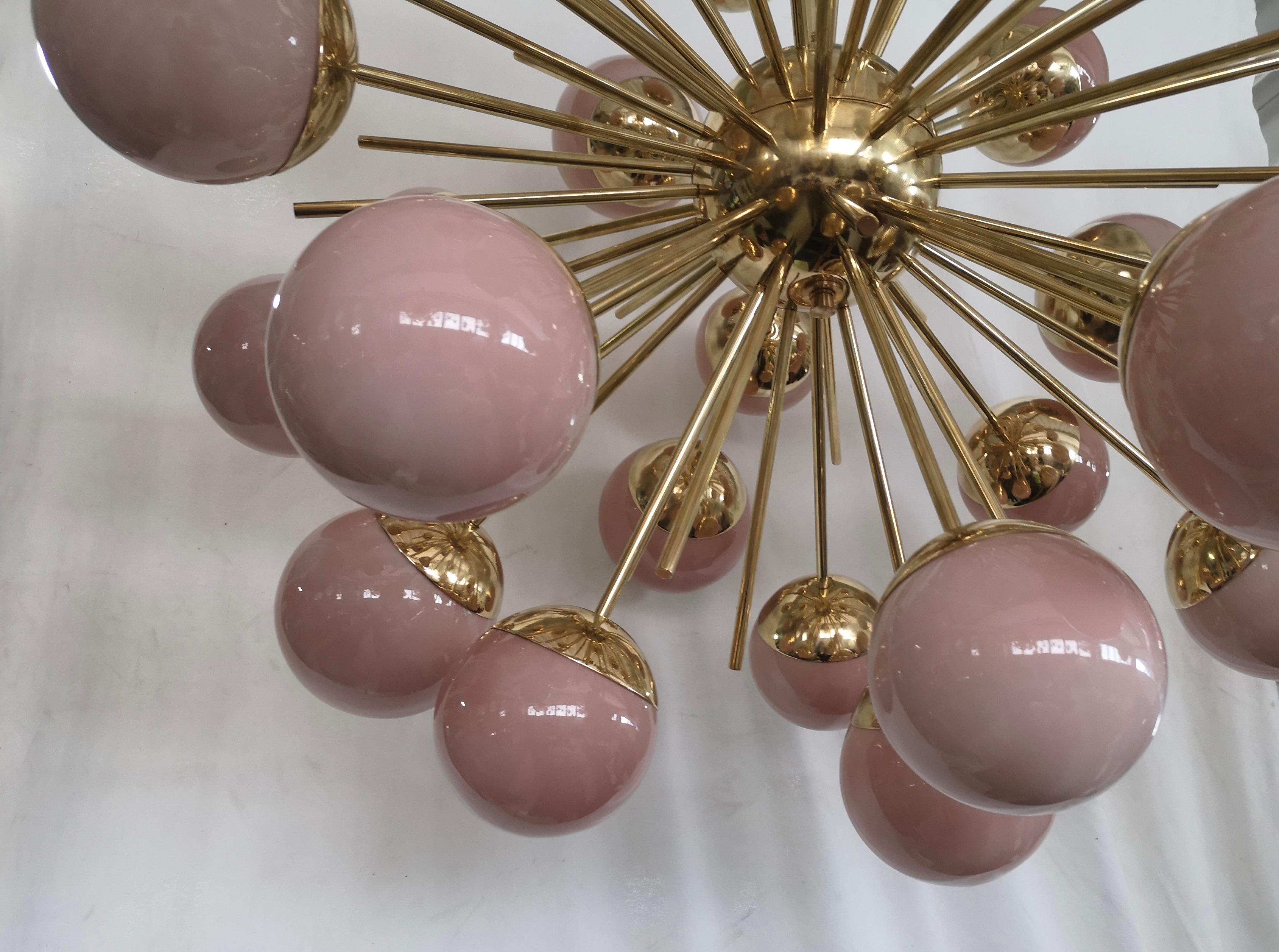 Italian Midcentury Sputnik Spherical Pink Glass and Brass Chandelier, 2020 For Sale