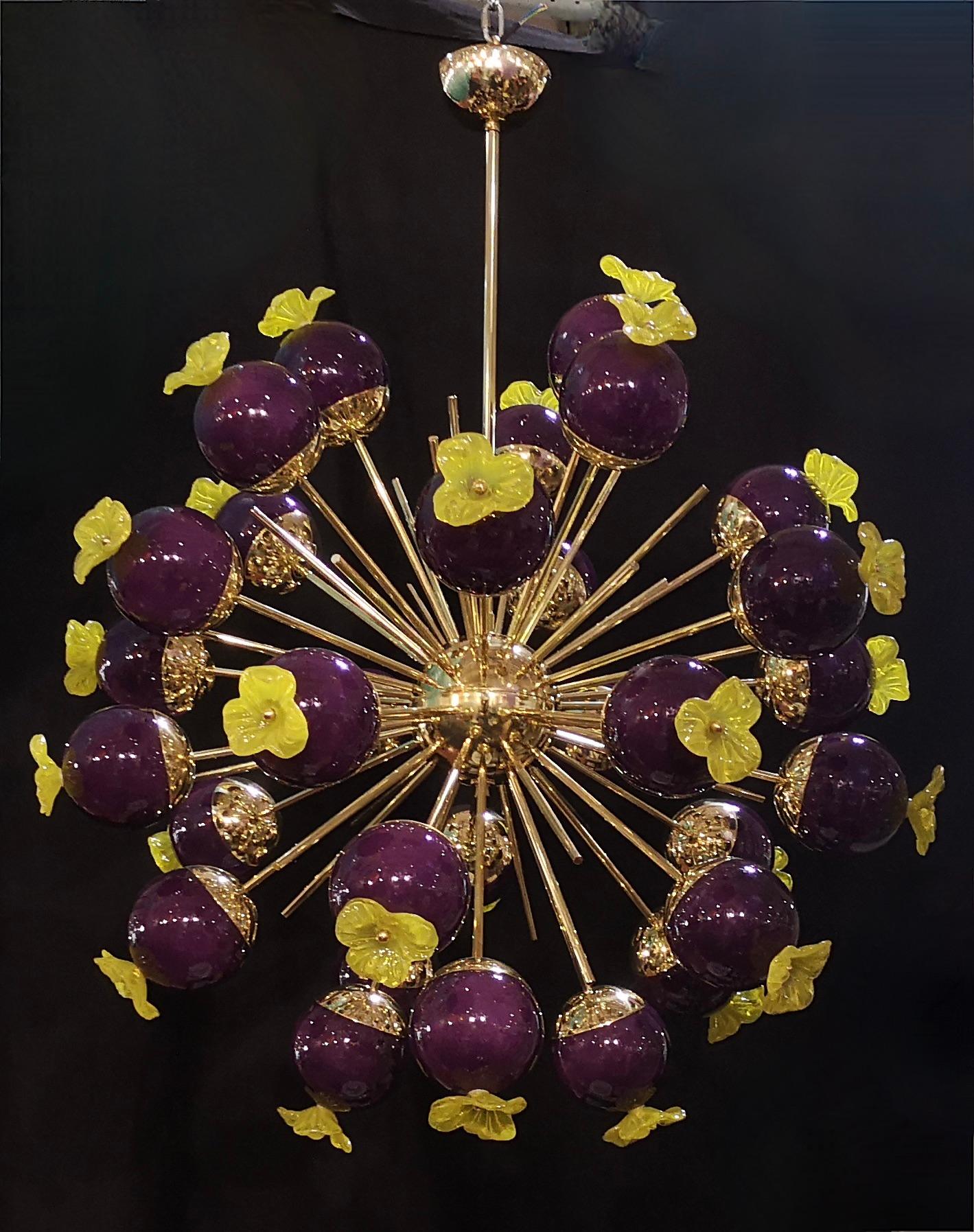 Midcentury Sputnik Spherical Purple Glass and Brass Chandelier, 2020 4