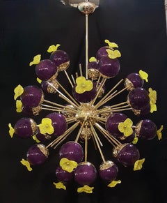 Midcentury Sputnik Spherical Purple Glass and Brass Chandelier, 2020