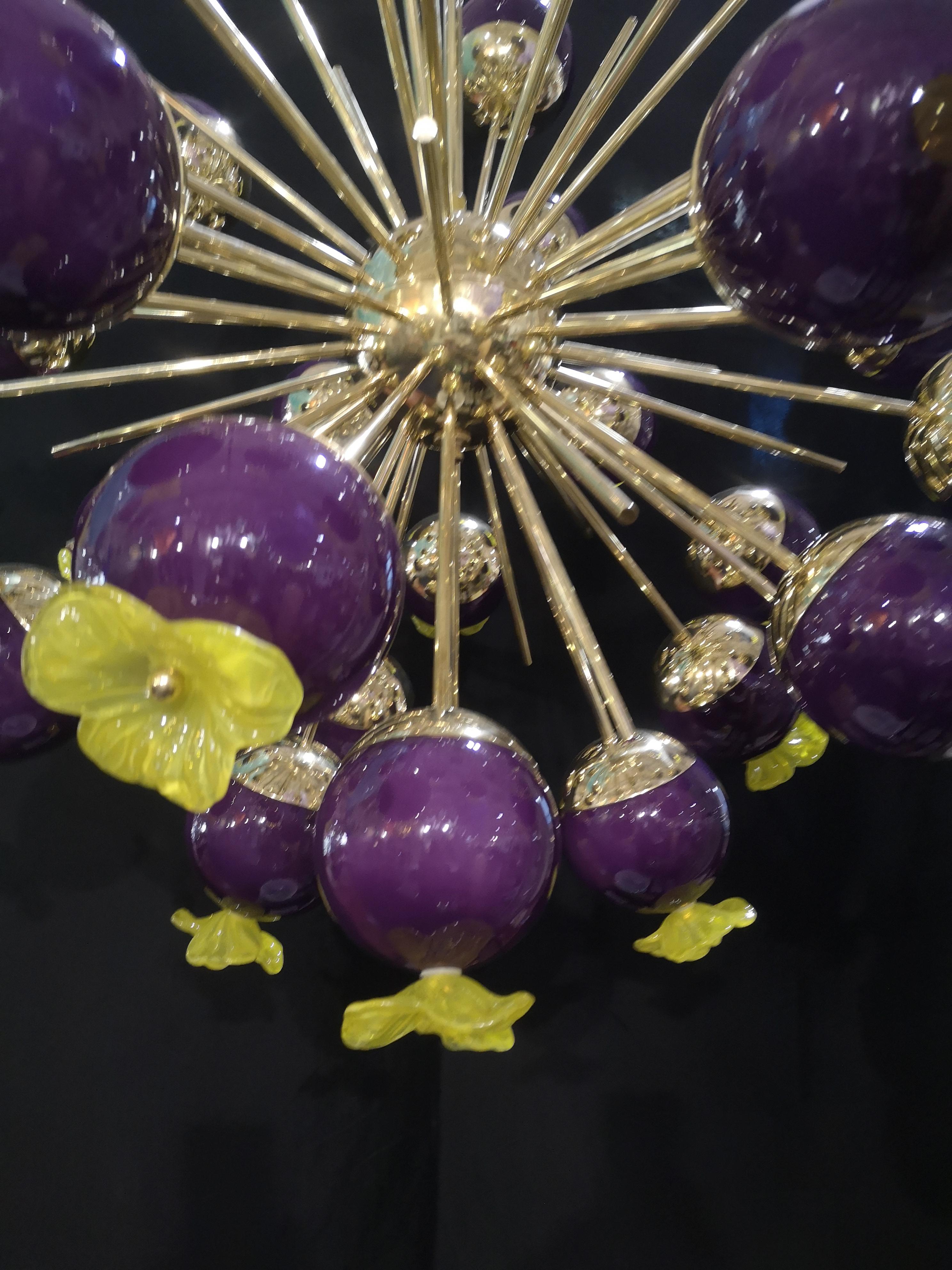 Contemporary Midcentury Sputnik Spherical Purple Glass and Brass Chandelier, 2020