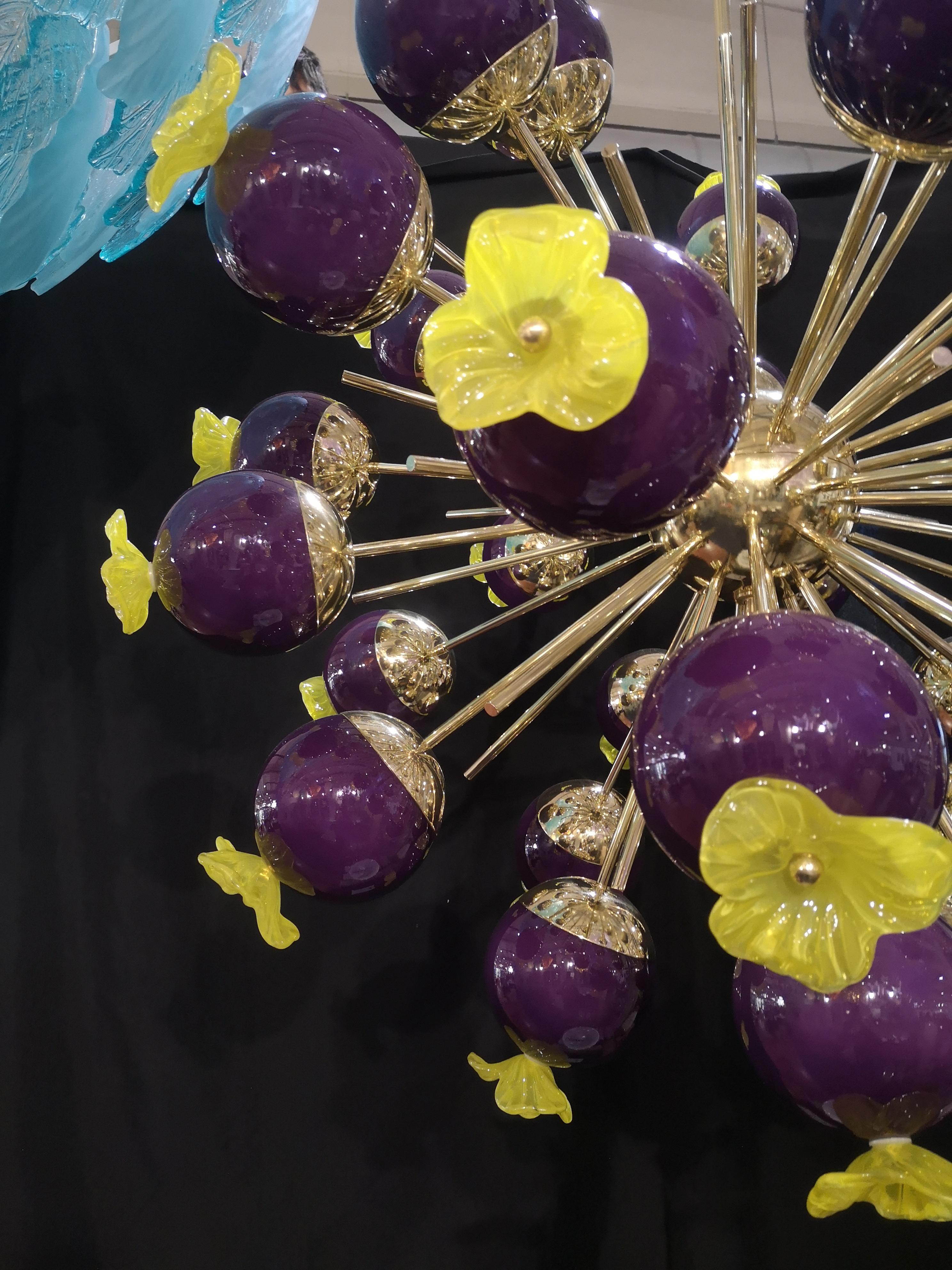 Midcentury Sputnik Spherical Purple Glass and Brass Chandelier, 2020 1