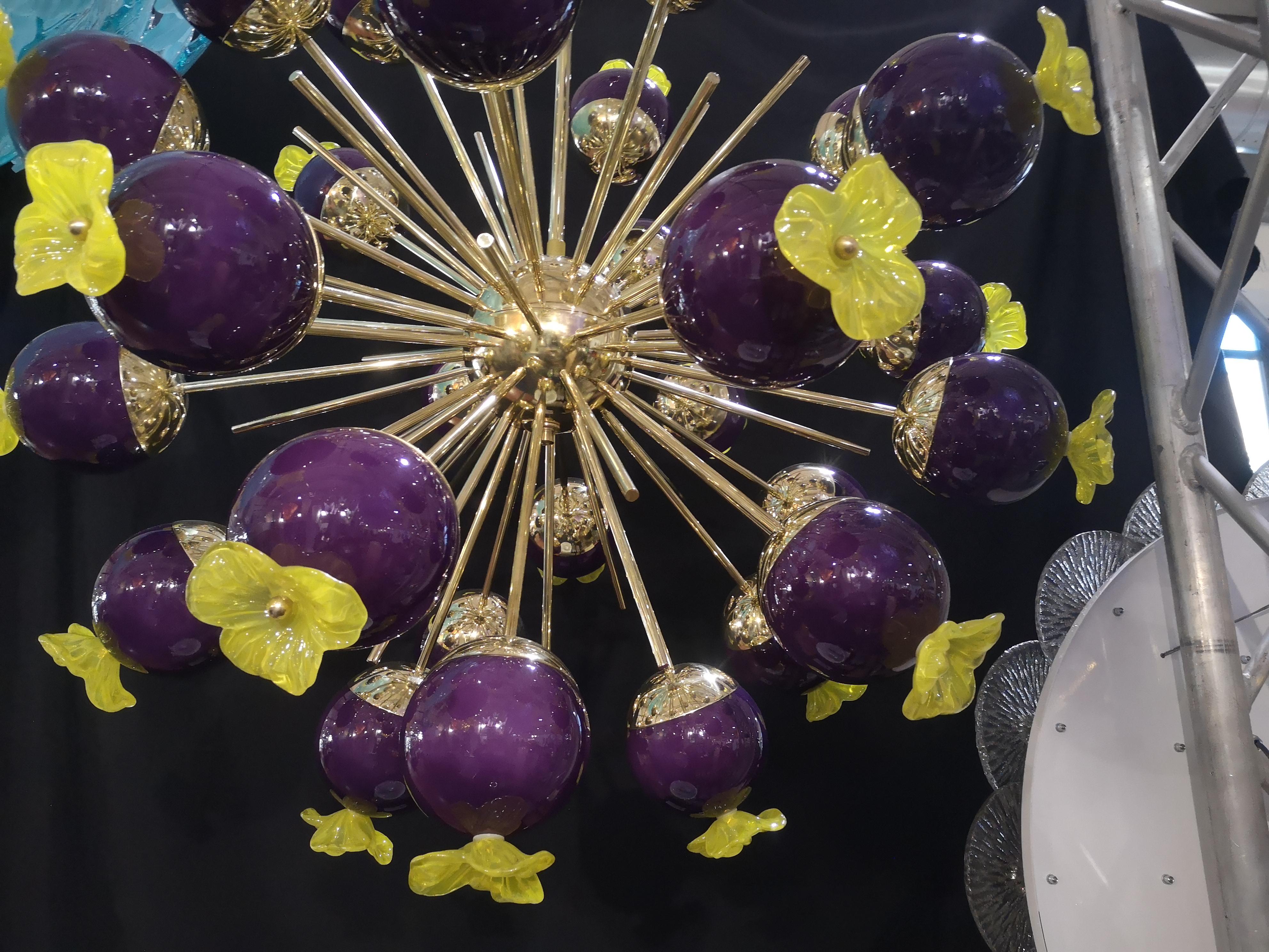 Midcentury Sputnik Spherical Purple Glass and Brass Chandelier, 2020 3