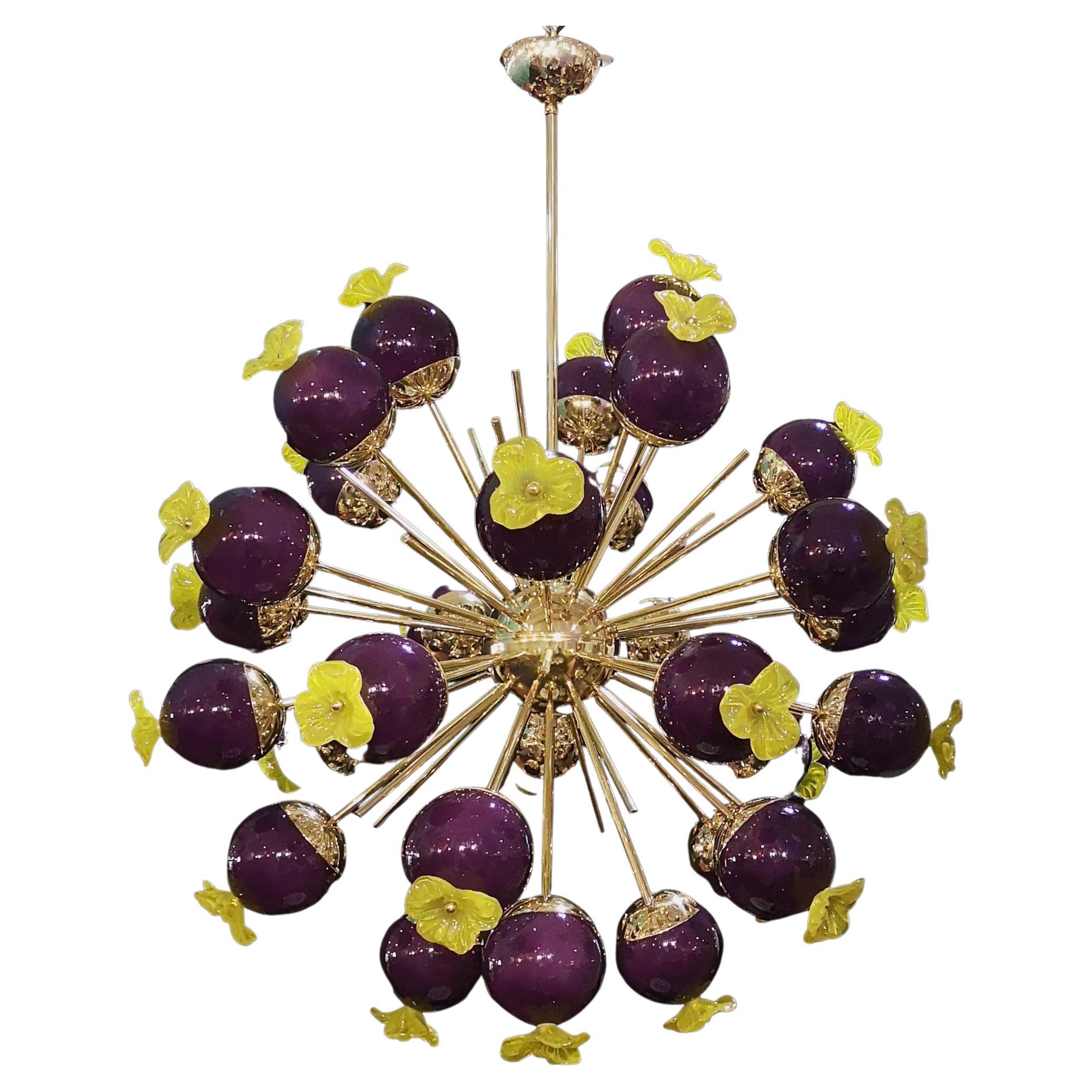 Midcentury Sputnik Spherical Purple Glass and Brass Chandelier, 2020