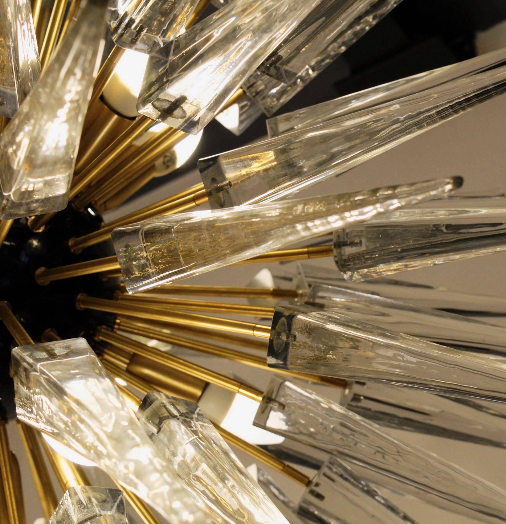 Brass Midcentury Sputnik Spike Chandelier, Clear Prismatic Elements, Murano