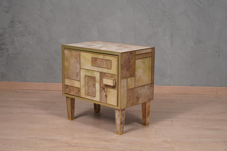 MidCentury Square brown and White Color Glass and Brass Night Stand