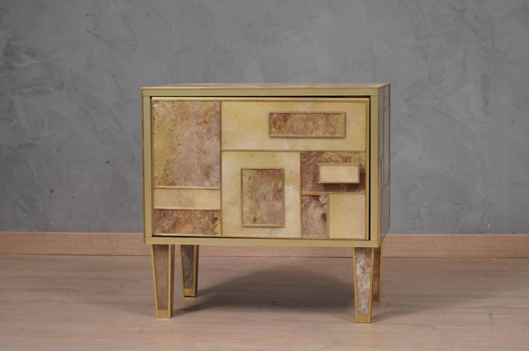 MidCentury Square brown and White Color Glass and Brass Night Stand