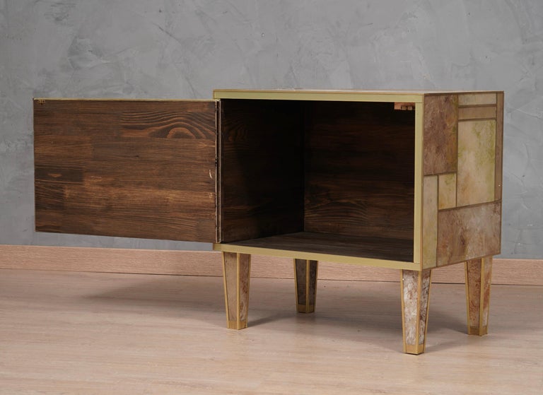 MidCentury Square brown and White Color Glass and Brass Night Stand