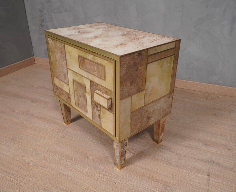 MidCentury Square brown and White Color Glass and Brass Night Stand