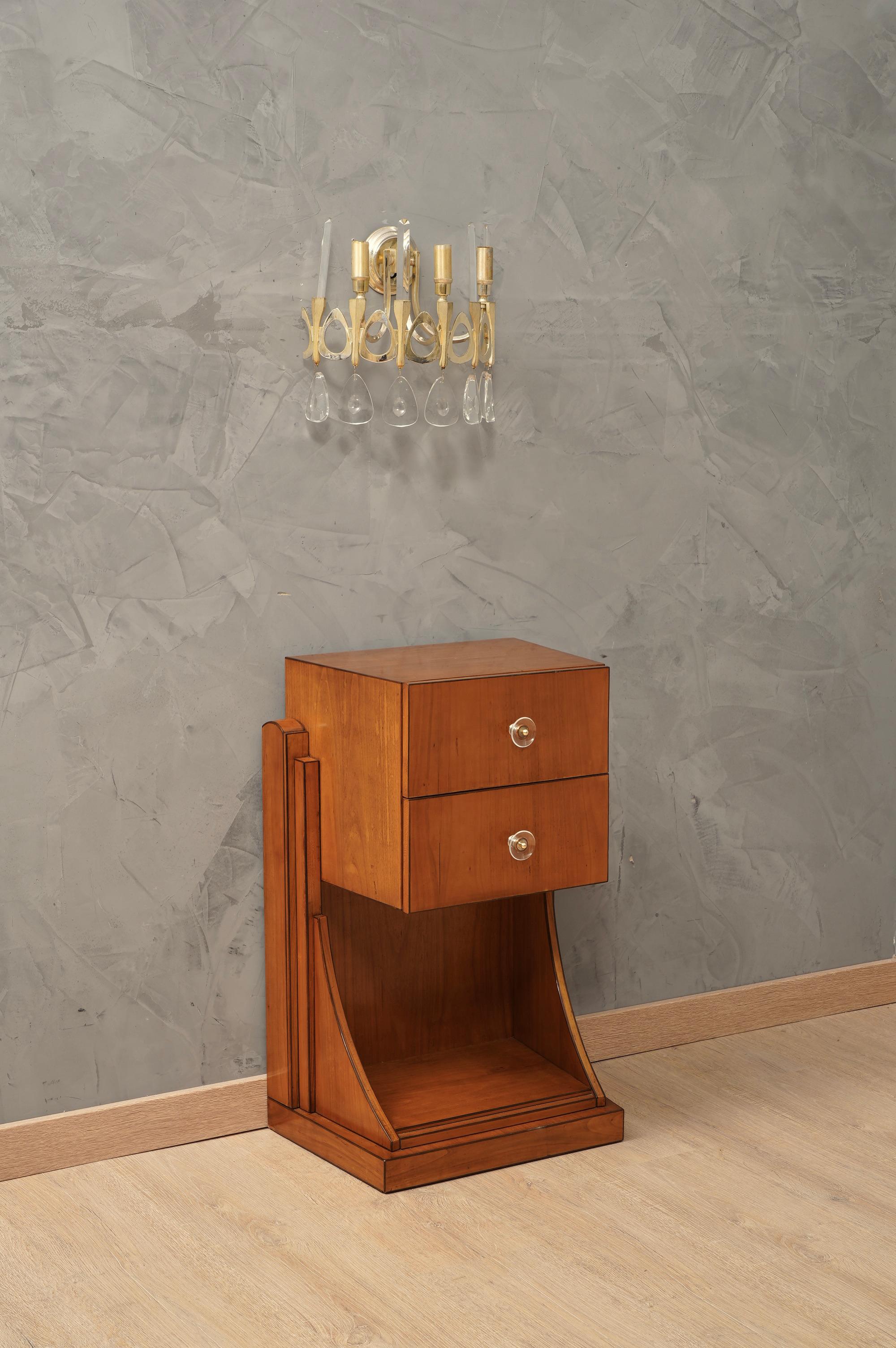 Mid-Century Modern MidCentury Square Cherry Wood and Glass Handles Night Stand, 1950