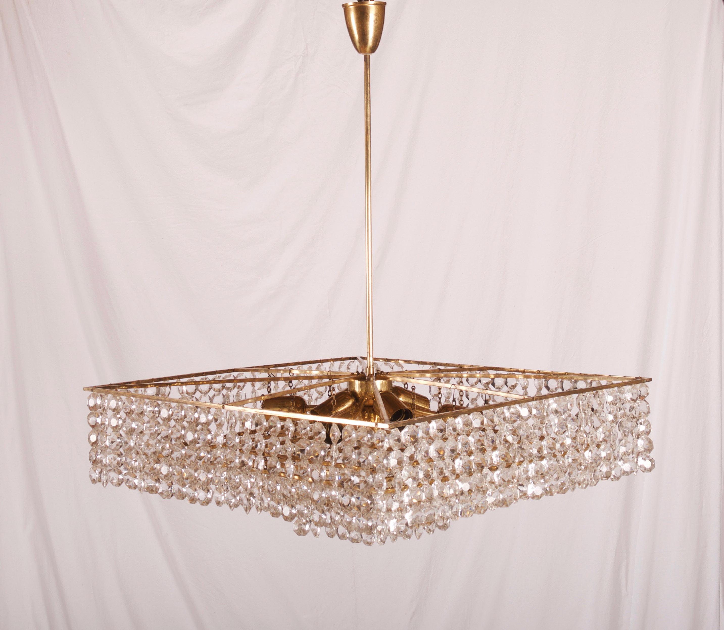Brass Midcentury Square Cut Crystal Chandelier For Sale
