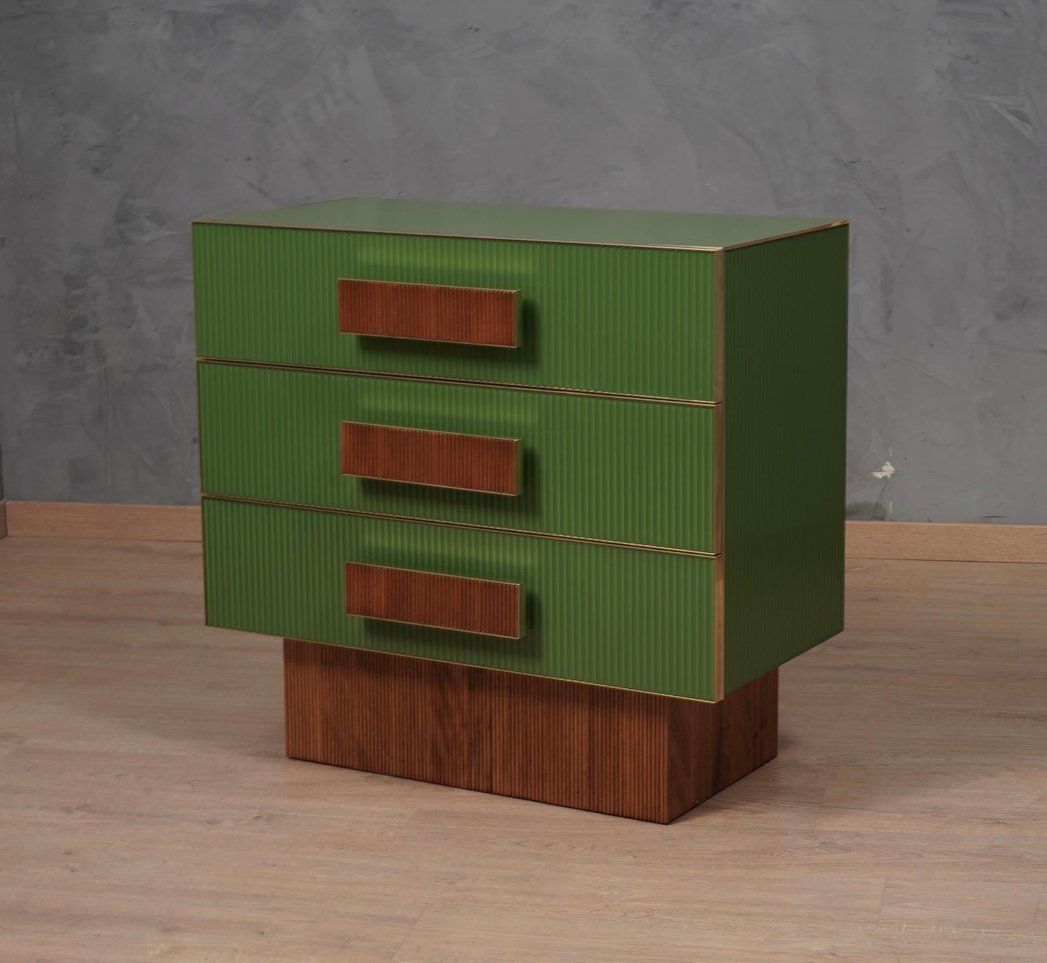 Square Green Color Glass and Brass Commode and Chests of Drawer, 2000 For Sale 1