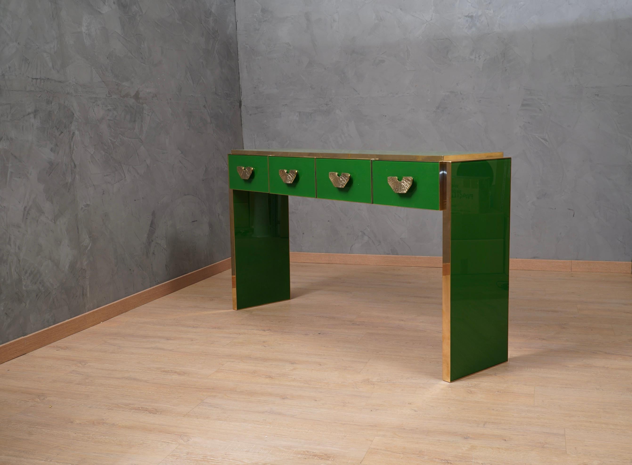 MidCentury Square Green Color Glass and Brass Console Table, 2020 For ...