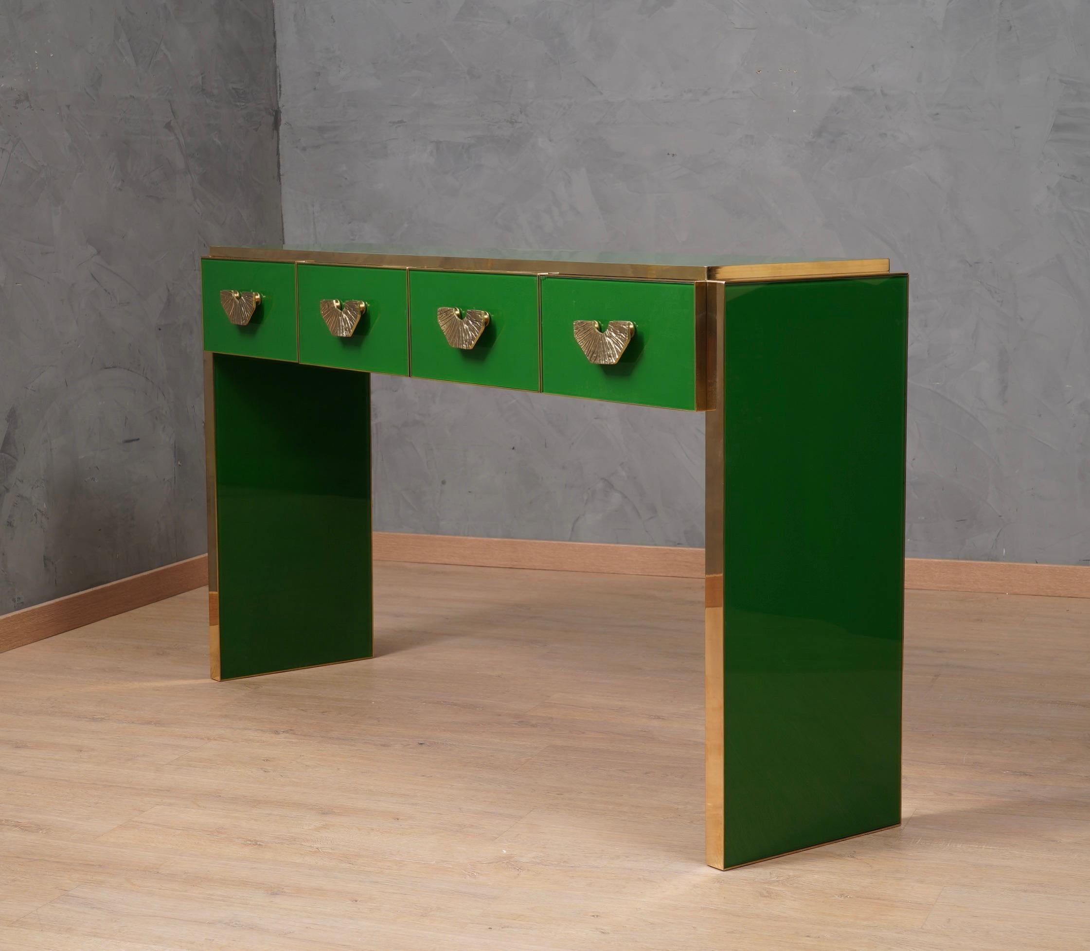 MidCentury Square Green Color Glass and Brass Console Table, 2020 For ...