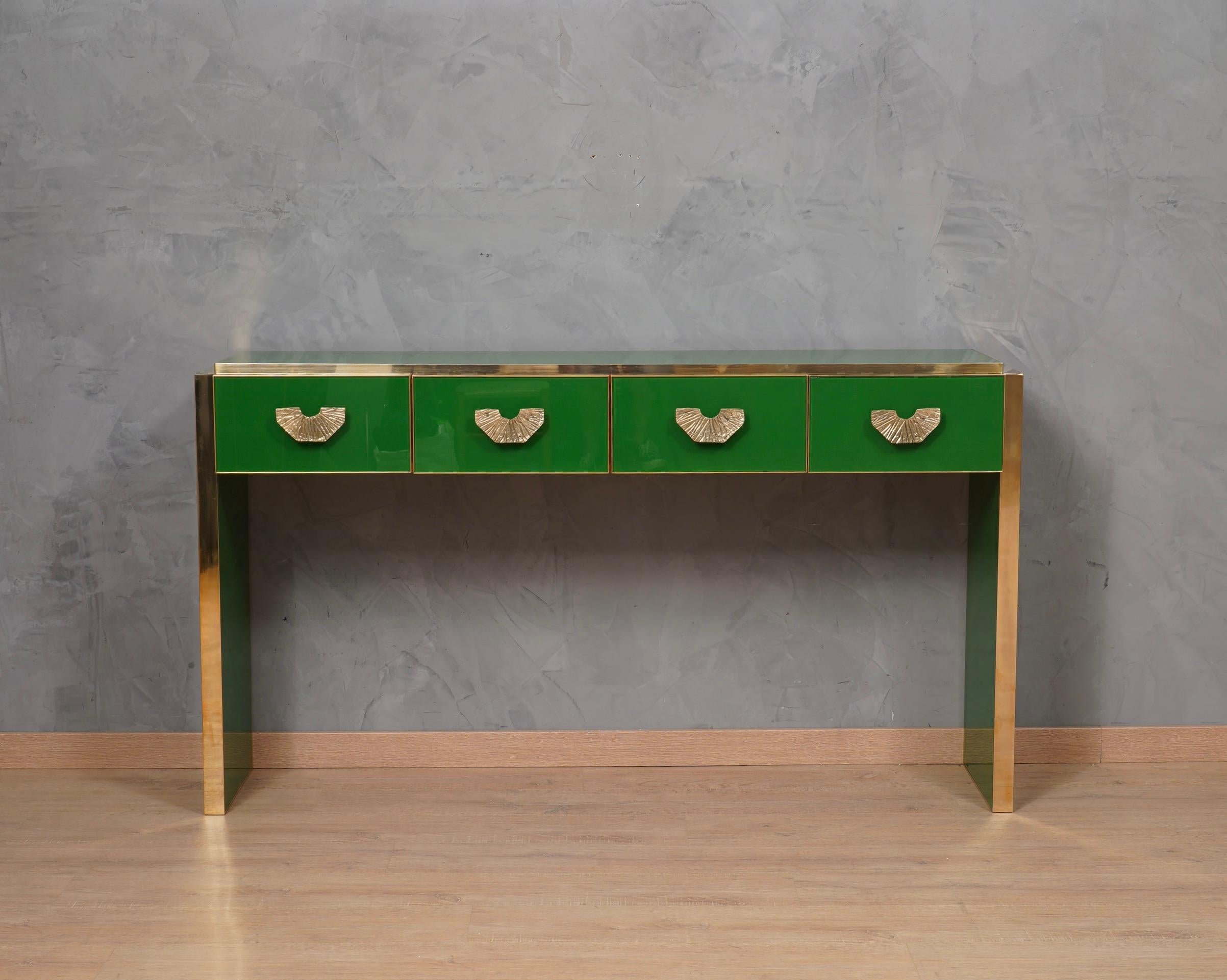 MidCentury Square Green Color Glass and Brass Console Table, 2020 For ...