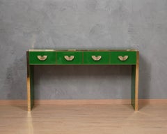 MidCentury Square Green Color Glass and Brass Console Table, 2020