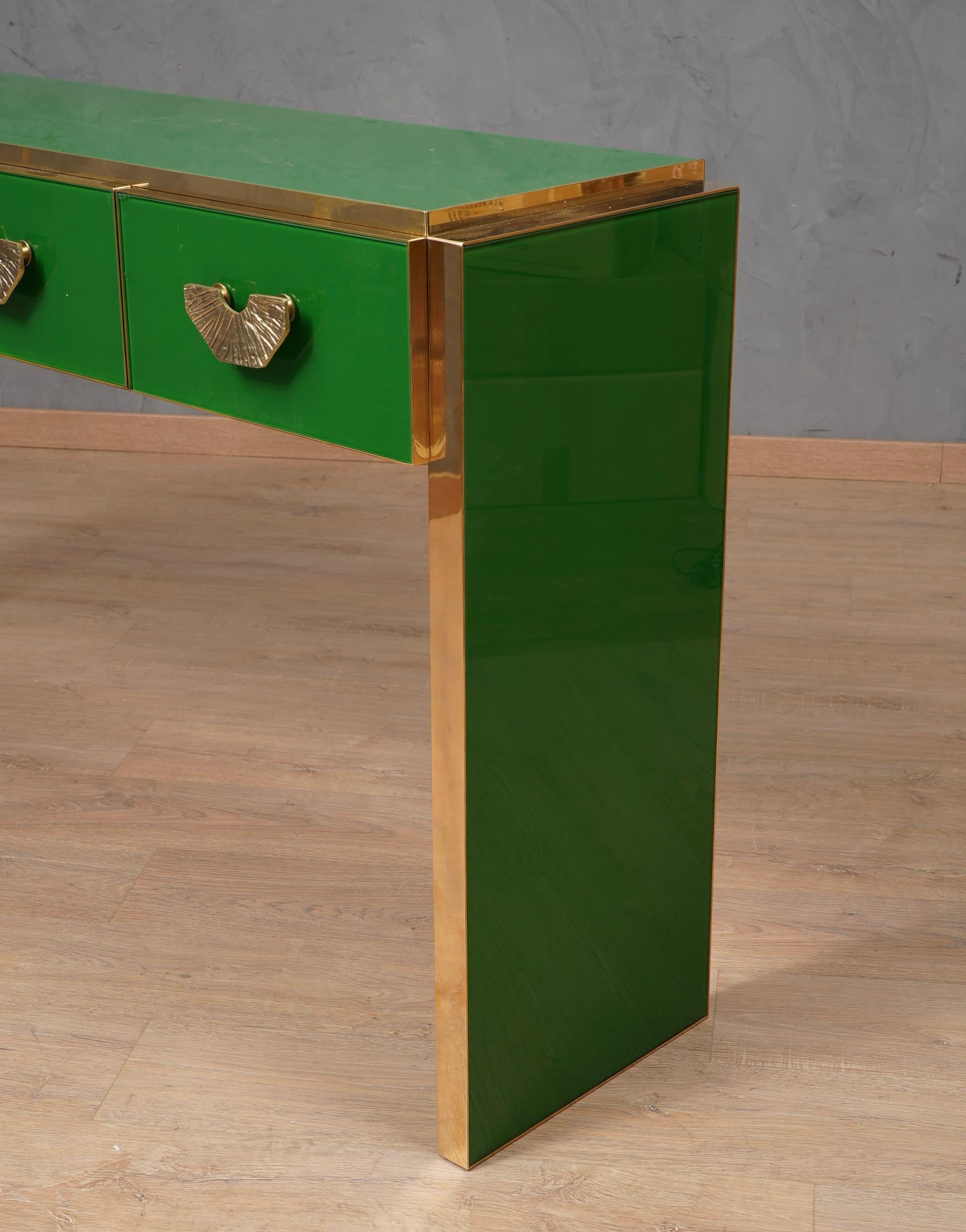 MidCentury Square Green Color Glass and Brass Console Table, 2020 For ...