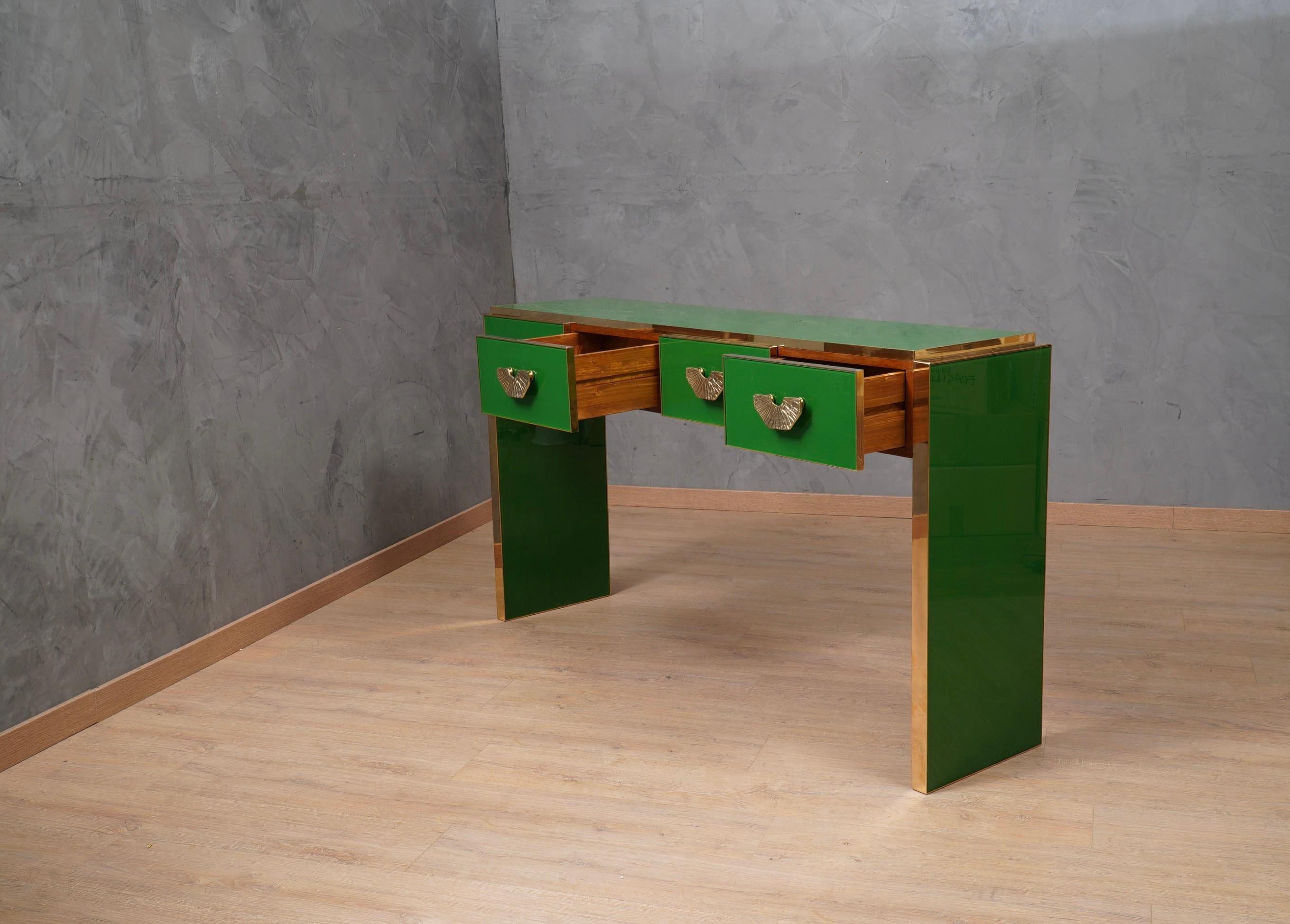 MidCentury Square Green Color Glass and Brass Console Table, 2020 For ...