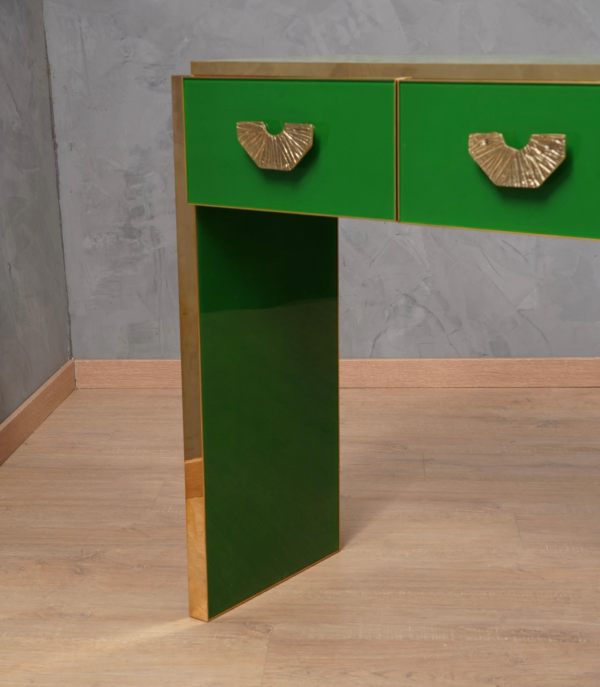 MidCentury Square Green Color Glass and Brass Console Table, 2020 For ...